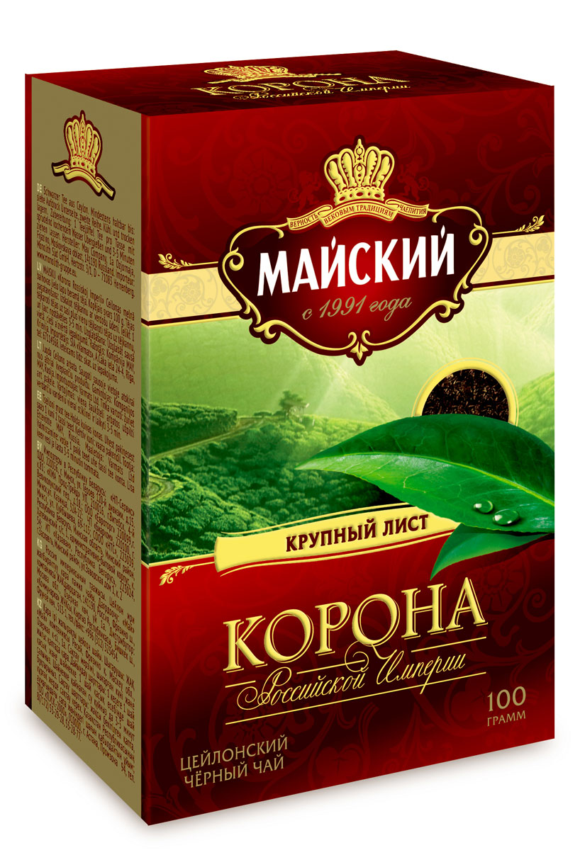Майский Корона Российской Империи черный листовой чай, 100 г113158 Майский Корона Российской Империи черный листовой чай, 100 г113158Майский Корона Российской Империи - это уникальный цейлонский крупнолистовой чай. Именно в нем в полной мере раскрывается богатство вкуса и аромата черного чая.
