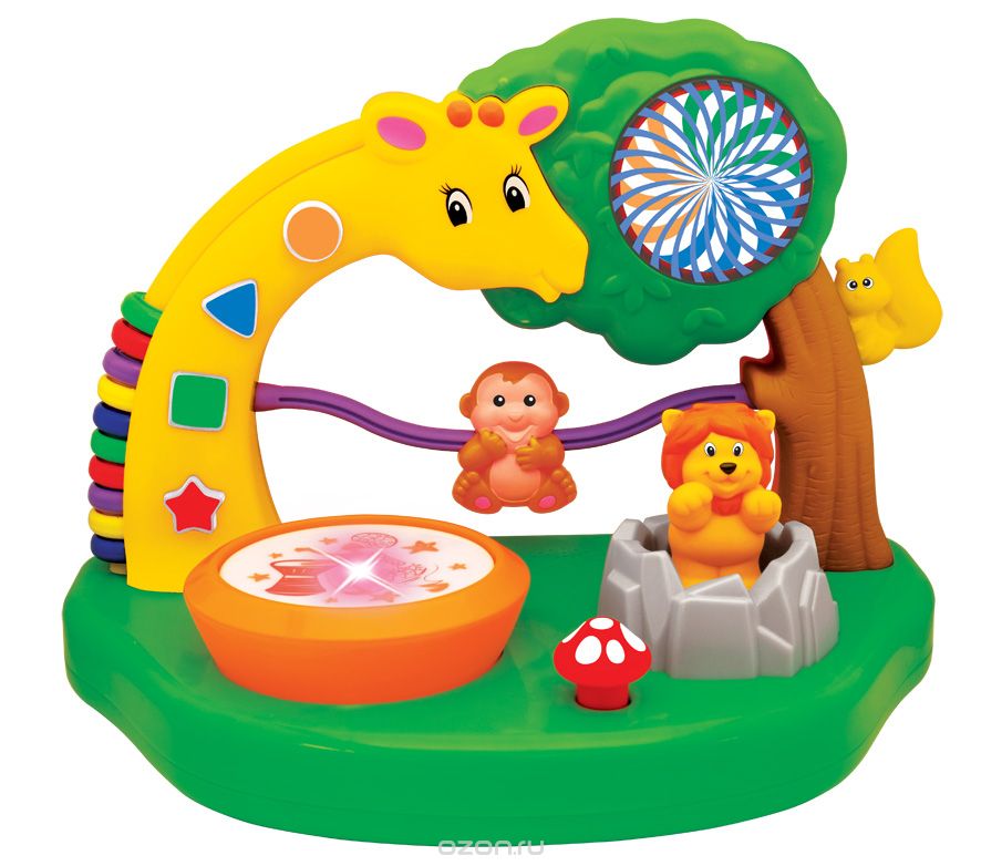 Kiddieland Развивающая игрушка Сафари паркKID 051557 Kiddieland Развивающая игрушка Сафари паркKID 051557Развивающая игрушка Kiddieland Сафари парк - это увлекательная игрушка для малышей и замечательный помощник в развитии. На небольшом острове живут различные животные: жираф, веселая обезьянка, львенок и смешная белочка. На длинной шее у жирафа находятся счеты с разноцветными бусинками и располагаются разные геометрические фигурки. Если нажать на кнопки, можно услышать забавные звуки и познакомиться с фигурами и цветами. Яркие бусинки помогут малышу освоить первые навыки счета. Стоит малышу постучать в маленький барабан, и он услышит приятную мелодию и увидит яркие мерцающие огоньки. Широкое зеленое основание делает конструкцию устойчивой и прочной. С помощью этой развивающей игрушки ребенок сможет изучать первые цифры и счет, исследовать фигурки животных под веселую музыку. Игрушка развивает мелкую моторику, мышление, зрительное и звуковое восприятие, повышает двигательную активность малышей. Рекомендуемый возраст: от 12 месяцев. Питание: 2 батарейки типа АА (входят в...