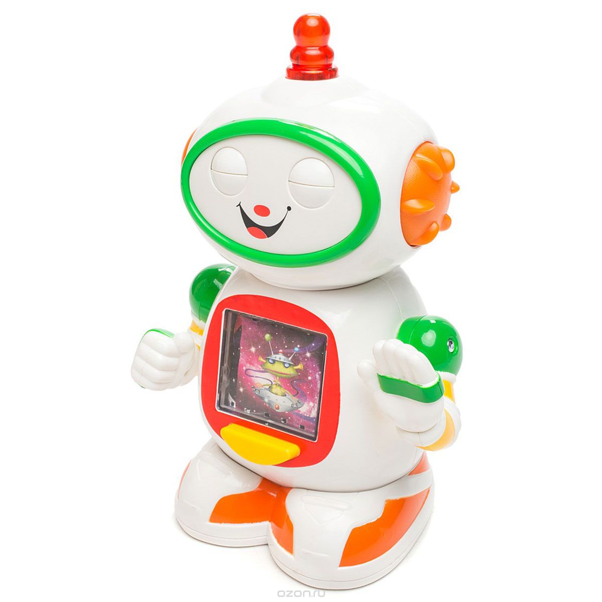 Kiddieland Развивающая игрушка Приятель роботKID 051367 Kiddieland Развивающая игрушка Приятель роботKID 051367Развивающая игрушка Kiddieland Приятель робот обязательно порадует малыша. Игрушка умеет вертеть головой и махать ручками. Покрутив кнопку на голове можно увидеть, как робот двигает глазками под забавные звуки. Нажав кнопку на туловище, понаблюдать за цветными картинками и послушать музыку. Игрушка развивает мелкую моторику, мышление, зрительное и звуковое восприятие, повышает двигательную активность малышей. Рекомендуемый возраст: от 18 месяцев. Питание: 2 батарейки типа АА (входят в комплект).