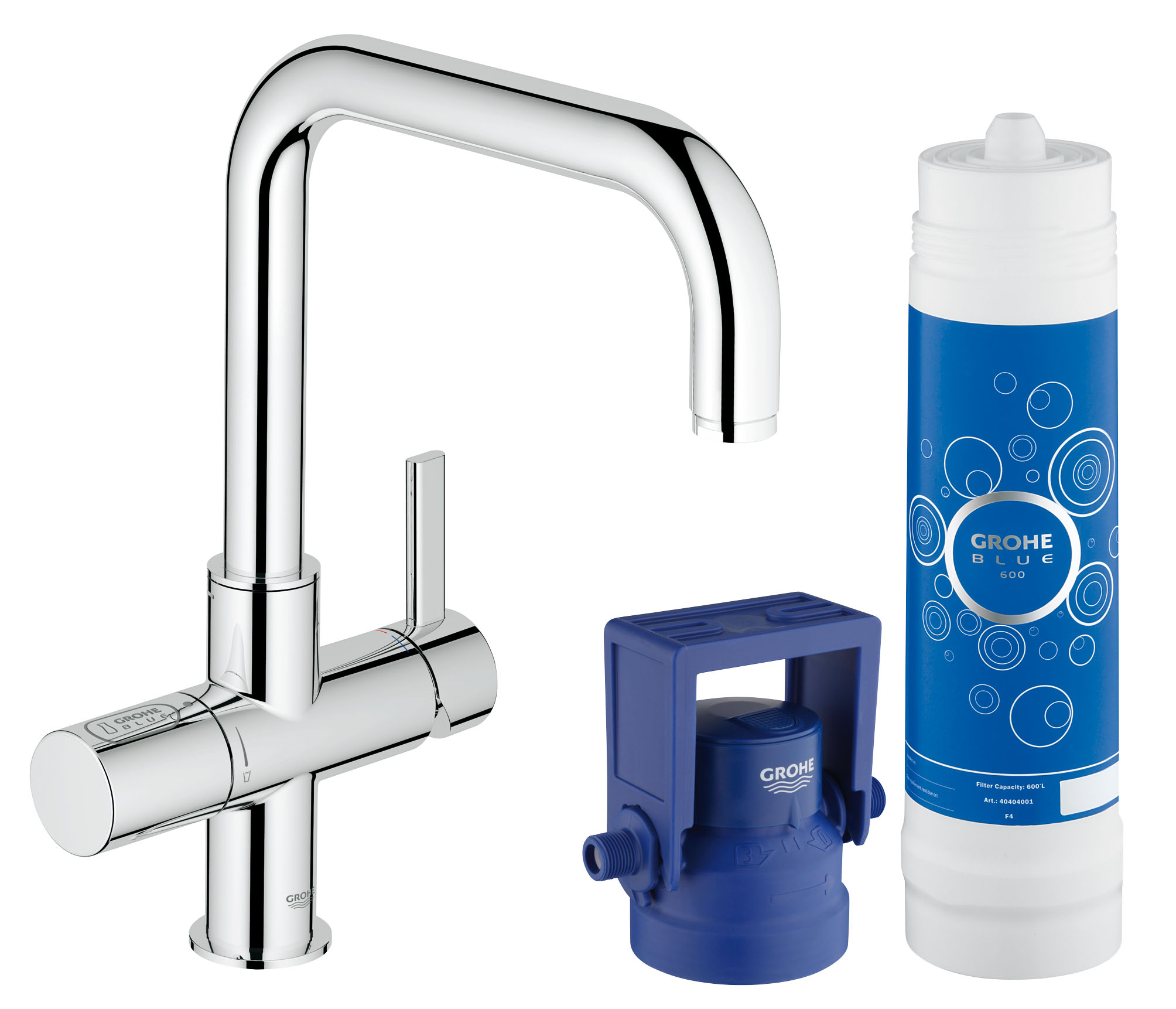 Комплект GROHE Blue 2-в-1: вентиль для фильтрованной воды и смеситель для кухни (фильтрация, U-излив) (31299001)31299001 Комплект GROHE Blue 2-в-1: вентиль для фильтрованной воды и смеситель для кухни (фильтрация, U-излив) (31299001)31299001GROHE Blue Pure: кухонный смеситель, подающий свежую питьевую воду, избавит от необходимости носить домой тяжелые бутыли с водой Этот кухонный смеситель из серии GROHE Blue Pure подает свежую питьевую воду прямо из-под крана. Система фильтрации GROHE Blue Pure, которая активируется отдельным рычагом для подачи воды, очищает воду от нежелательных примесей, ухудшающих ее вкус и запах, включая хлор. Помимо впечатляющих функциональных возможностей данный смеситель для мойки также отличается эффектным внешним видом и способностью играть главную роль в интерьере кухни, причем износостойкое хромированное покрытие GROHE StarLight лишь подчеркивает его лаконичный дизайн. Высокий излив, вращающийся в радиусе 180°, позволяет с легкостью наполнять высокие емкости. Технология GROHE SilkMove обеспечивает плавность регулировки напора воды при минимуме усилий. Разумеется, в данном смесителе также предусмотрены все функции обычного кухонного смесителя. Избавьтесь от необходимости носить домой тяжелые...