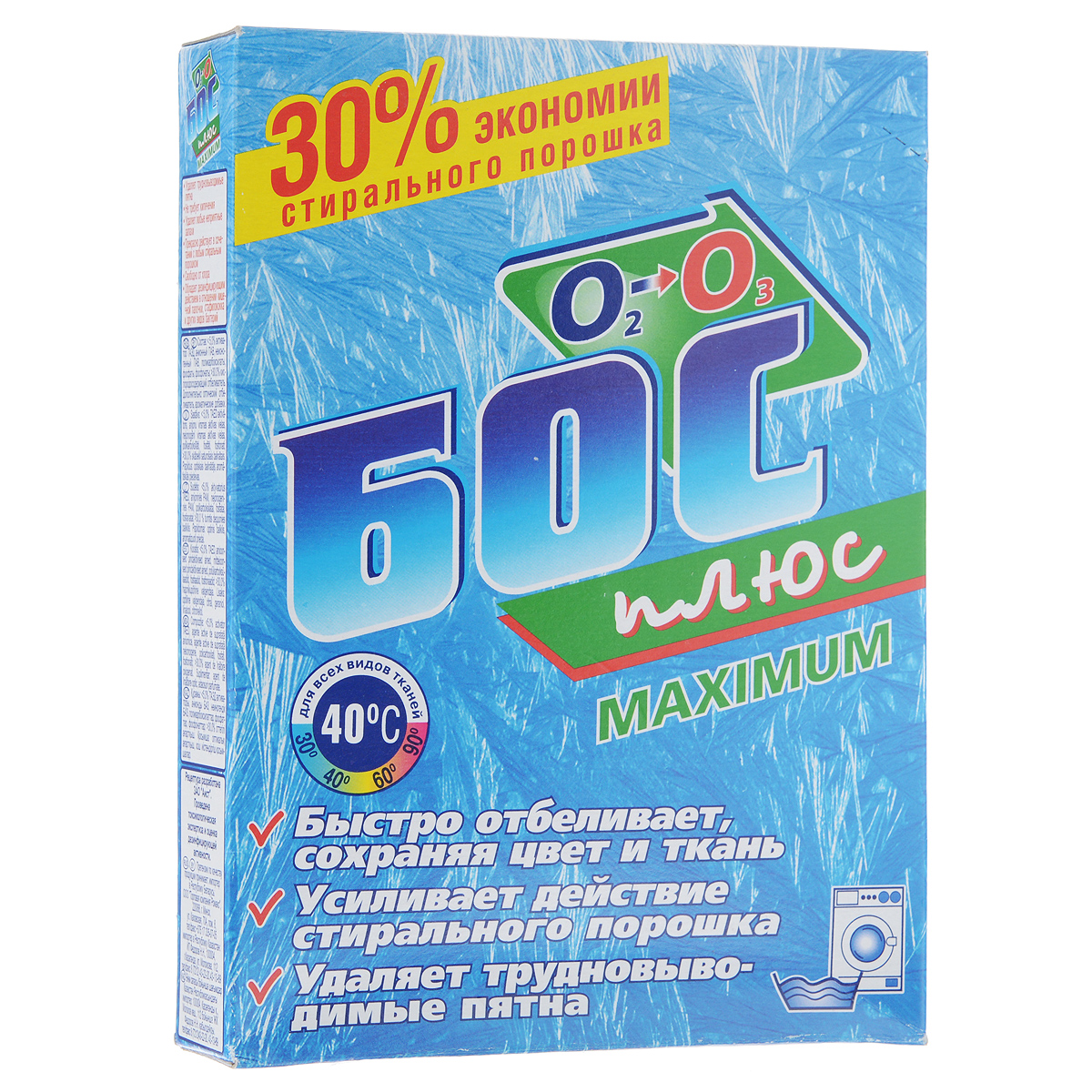 Средство отбеливающее Аист Бос-плюс maximum, 300 г4302000002 Средство отбеливающее Аист Бос-плюс maximum, 300 г4302000002Средство Аист Бос-плюс maximum предназначено для отбеливания хлопчатобумажных, льняных, смесевых, синтетических тканей, а также дезинфицирования тканей и поверхностей. Усиленная формула с максимальным содержанием кислорода специально разработана для отбеливания без кипячения всех видов тканей при низких температурах (30° - 50°C). Аист Бос-плюс maximum обеспечивает мягкое воздействие на ткань и сохраняет цвет, а вам гарантирует безопасность. Средство Аист Бос-плюс maximum: - удаляет трудновыводимые пятна; - не требует кипячения; - удаляет любые неприятные запахи; - прекрасно действует в сочетании с любым стиральным порошком; - свободен от хлора; - обладает дезинфицирующим действием в отношении кишечной палочки, стафилококка и других видов бактерий. Состав: 30,0% кислородосодержащий отбеливатель. Дополнительно: оптический...