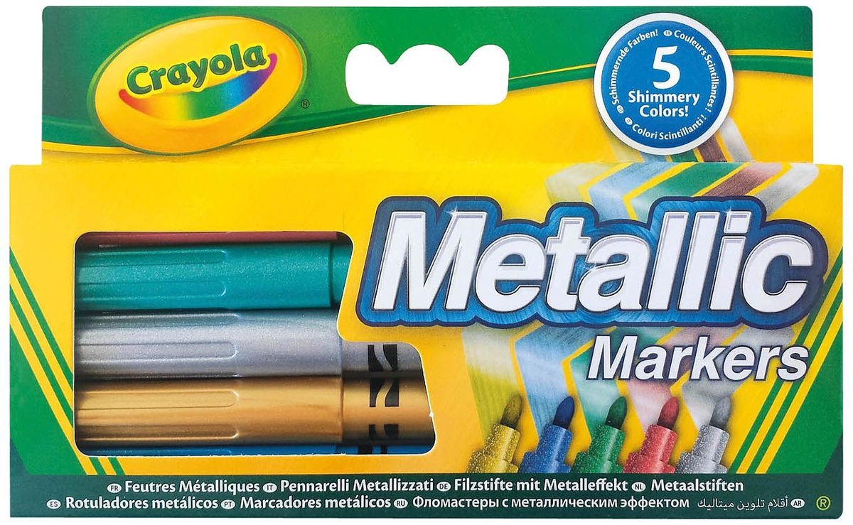 Crayola Набор фломастеров Metallic 5 шт58-5054 Crayola Набор фломастеров Metallic 5 шт58-5054Превосходный набор фломастеров «Metallic» от Crayola поможет создать отличные шедевры и доставит море удовольствия, ведь каждый ребенок любит рисовать .В комплекте 5 качественных фломастеров различных цветов с эффектом металлик. Благодаря уникальной технологии чернила маркеров долго не высыхают. Они выдерживают даже сильный нажим, не ломаясь и не вдавливаясь. Фломастеры выполнены из экологически чистых материалов и легко смываются как с рук, так и с одежды ребёнка. В наборе бронзовый, серебряный, фиолетовый, голубой и зелёный фломастеры. Создавая новые шедевры на бумаге или холсте, ребёнок развивает свои творческие навыки и фантазию. Рекомендуемый возраст: от 3 лет.