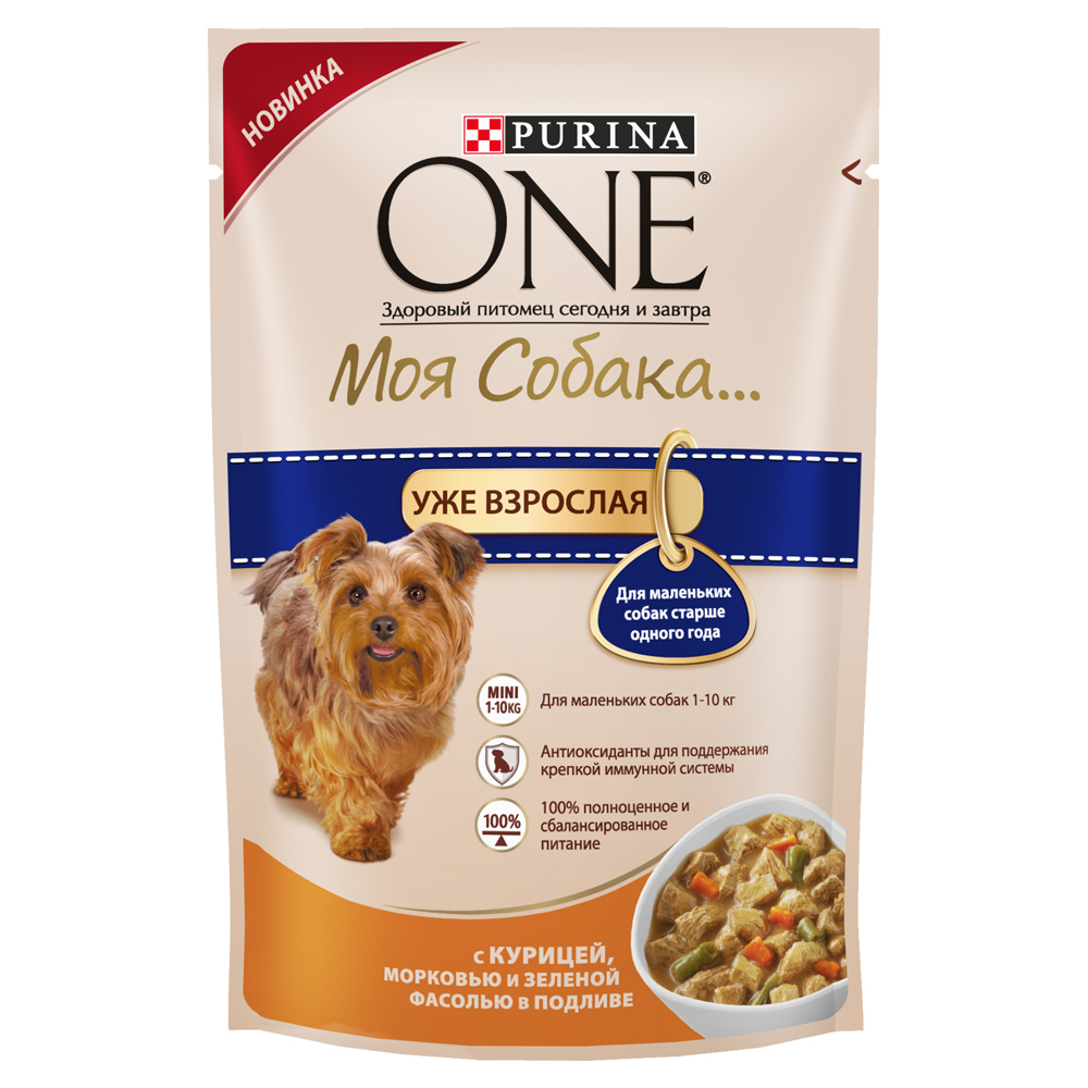 Корм консервированный Purina One Моя Собака... Уже взрослая, для взрослых собак мелких пород старше одного года, с курицей, морковью и зеленой фасолью в подливе12263890 Корм консервированный Purina One Моя Собака... Уже взрослая, для взрослых собак мелких пород старше одного года, с курицей, морковью и зеленой фасолью в подливе12263890Ваша маленькая собака по-настоящему уникальна! Поэтому эксперты Purina разработали серию кормов PURINA ONE® Моя Собака... Высококачественное питание из мягких кусочков и овощей в подливе легко усваивается и разработано специально для собак мелких пород старше одного года. Ваша собака сможет наслаждаться вкусным кормом каждый день. - антиоксиданты для поддержания крепкой иммунной системы; - для маленьких собак 1-10 кг; - легкая усвояемость; - 100% полноценное и сбалансированное питание. Разделите суточную норму на 2 кормления или более. Указанные нормы рекомендованы для поддержания собаки в оптимальной физической форме. Меняйте суточную норму кормления в зависимости от уровня активности собаки, ее физических особенностей и индивидуальных потребностей. Следите, чтобы у собаки всегда была чистая, свежая питьевая вода. Для контроля здоровья вашей собаки обращайтесь в ветеринарную клинику на регулярной основе. Состав: мясо и продукты...