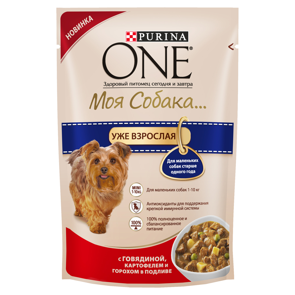 Корм консервированный Purina One Моя Собака... Уже взрослая, для взрослых собак мелких пород старше одного года, с говядиной, картофелем и горохом в подливе12263869 Корм консервированный Purina One Моя Собака... Уже взрослая, для взрослых собак мелких пород старше одного года, с говядиной, картофелем и горохом в подливе12263869Ваша маленькая собака по-настоящему уникальна! Поэтому эксперты Purina разработали серию кормов PURINA ONE® Моя Собака... Высококачественное питание из мягких кусочков и овощей в подливе легко усваивается и разработано специально для собак мелких пород старше одного года. Ваша собака сможет наслаждаться вкусным кормом каждый день. - антиоксиданты для поддержания крепкой иммунной системы; - для маленьких собак 1-10 кг; - легкая усвояемость; - 100% полноценное и сбалансированное питание. Разделите суточную норму на 2 кормления или более. Указанные нормы рекомендованы для поддержания собаки в оптимальной физической форме. Меняйте суточную норму кормления в зависимости от уровня активности собаки, ее физических особенностей и индивидуальных потребностей. Следите, чтобы у собаки всегда была чистая, свежая питьевая вода. Для контроля здоровья вашей собаки обращайтесь в ветеринарную клинику на регулярной основе. Состав: мясо и продукты...