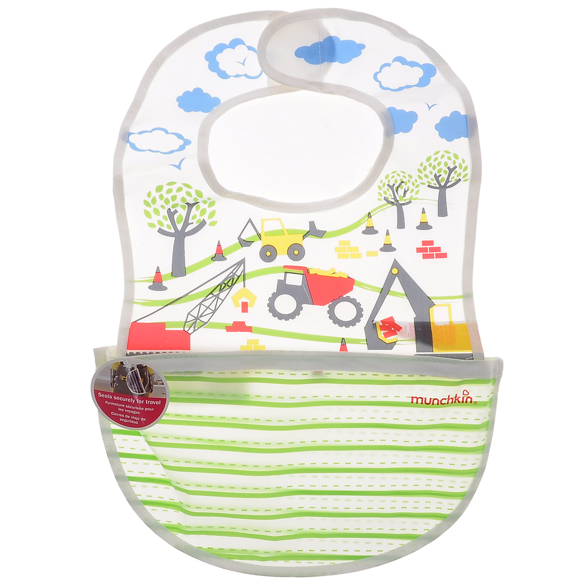 Munchkin Нагрудник To-Go. Техника, цвет: салатовый, 26 см х 36 см11880_салатовый Munchkin Нагрудник To-Go. Техника, цвет: салатовый, 26 см х 36 см11880_салатовыйНагрудник Munchkin To-Go изготовлен из высококачественного мягкого пластика без примеси бисфенола А. Нагрудник оснащен специальным кармашком, куда попадают все крошки, что очень удобно и практично. Изделие застегивается на застежку-липучку, может крепиться к сумке или коляске. Кроме того, нагрудник можно использовать и как сумочку для хранения различных аксессуаров для кормления. Необходимо просто скрутить его в трубочку и закрепить липучкой. Он очень компактный, его удобно брать с собой в путешествие, поездку на природу. Подходит для детей от 4-х месяцев. Опытные мамы постоянно ищут такие умные мелочи, которые имеют дополнительный функционал, чтобы сделать жизнь на ходу проще. Поэтому Munchkin и придумал такой уникальный функциональный нагрудник.