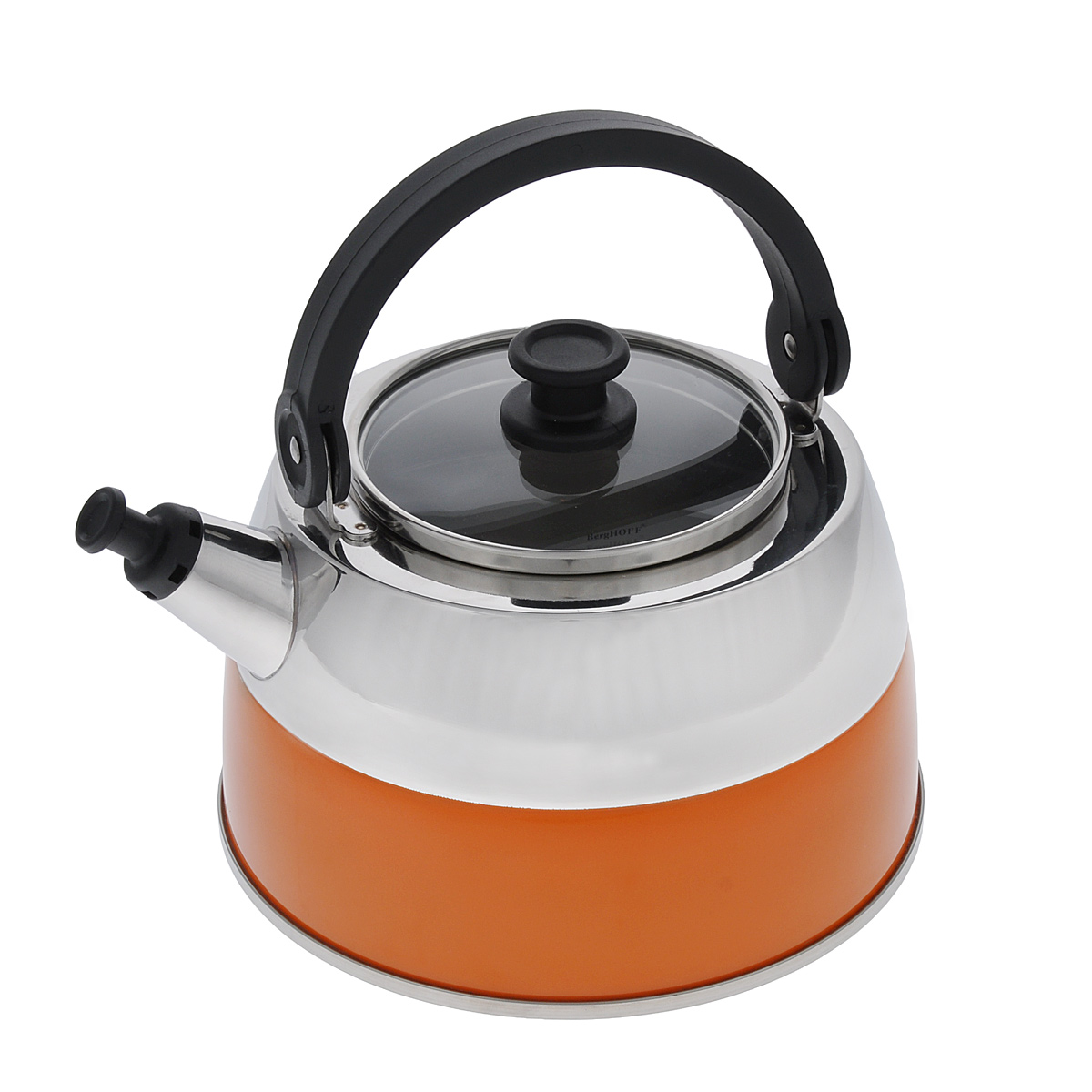 Чайник BergHOFF Virgo Orange, со свистком, 2,5 л2304168 Чайник BergHOFF Virgo Orange, со свистком, 2,5 л2304168Чайник BergHOFF Virgo Orange изготовлен из высококачественной нержавеющей стали 18/10, которая обладает бактериостатическими свойствами. Сталь 18/10 - один из наиболее тонких и сбалансированных сплавов, используемых во всем мире, который гарантирует высокую химическую нейтральность к пище, обладает высокими антикоррозионными свойствами. Изделие оснащено стеклянной крышкой с ободом из нержавеющей стали и ручкой из бакелита. Носик чайника имеет насадку-свисток, что позволит вам контролировать процесс подогрева или кипячения воды. Высокоэффективный чайник продуктивно проводит тепло для быстрого закипания. Подходит для всех типов плит, включая индукционные. Рекомендуется мыть вручную. Диаметр чайника (по верхнему краю): 11 см. Высота чайника (с учетом ручки): 21 см. Высота чайника (без учета ручки): 11 см.