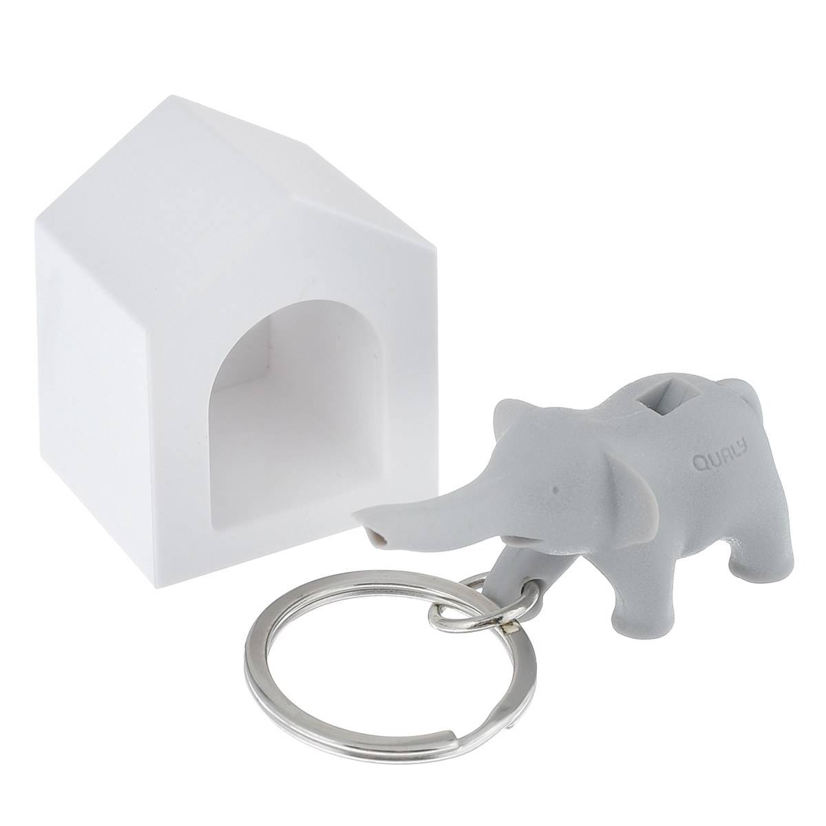 Держатель для ключей Qualy Elephant, цвет: белый, серыйQL10187-GYДержатель для ключей Qualy Elephant - прекрасный аксессуар для дома, который поможет аккуратно хранить ключи. Пусть ваш ключ обретет свое законное место, а заодно и симпатичный брелок в виде слоника, который крепится к кольцу на ключах. Он так же является свистком, вы всегда сможете пошуметь или позвать на помощь в случае опасности, а также оповестить о своем приходе. Прикрепите домик-держатель возле входной двери, и вы всегда будете знать, где ваш ключ. А если завести отдельный комплект для каждого члена семьи, при входе в квартире сразу поймете, кто уже дома. Держатель крепится к стене на специальный надежный скотч (в комплекте), либо вешается на шуруп. Размер слоника: 2,5 см х 5,2 см х 2,5 см. Размер домика: 3,5 см х 3 см х 4 см.
