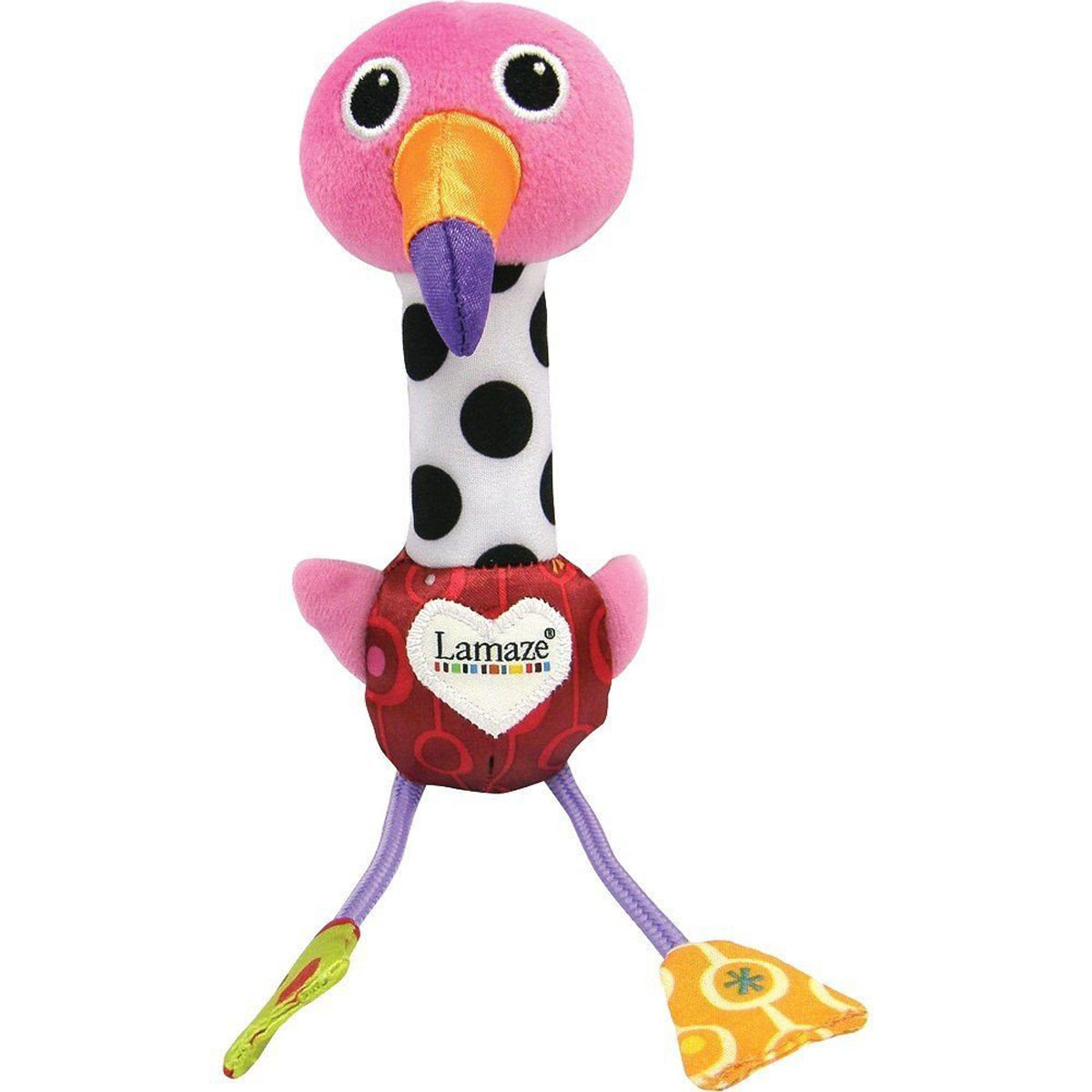 Lamaze Мягкая игрушка-погремушка Веселый розовый фламингоLC27611RU Lamaze Мягкая игрушка-погремушка Веселый розовый фламингоLC27611RUЯркая игрушка-погремушка Lamaze Веселый розовый фламинго для самых маленьких обязательно понравится крохе. Выполнена из высококачественных гипоаллергенных материалов, плотно набита, приятная на ощупь и абсолютно безопасна для детей. Как только малыш потрясет фламинго, он начнет весело чирикать, а ноги у страуса выполнены из шуршащего материала. Игрушка изготовлена из разноцветных материалов различной фактуры, что позволяет развивать мелкую моторику, сенсорное и цветовое восприятие.