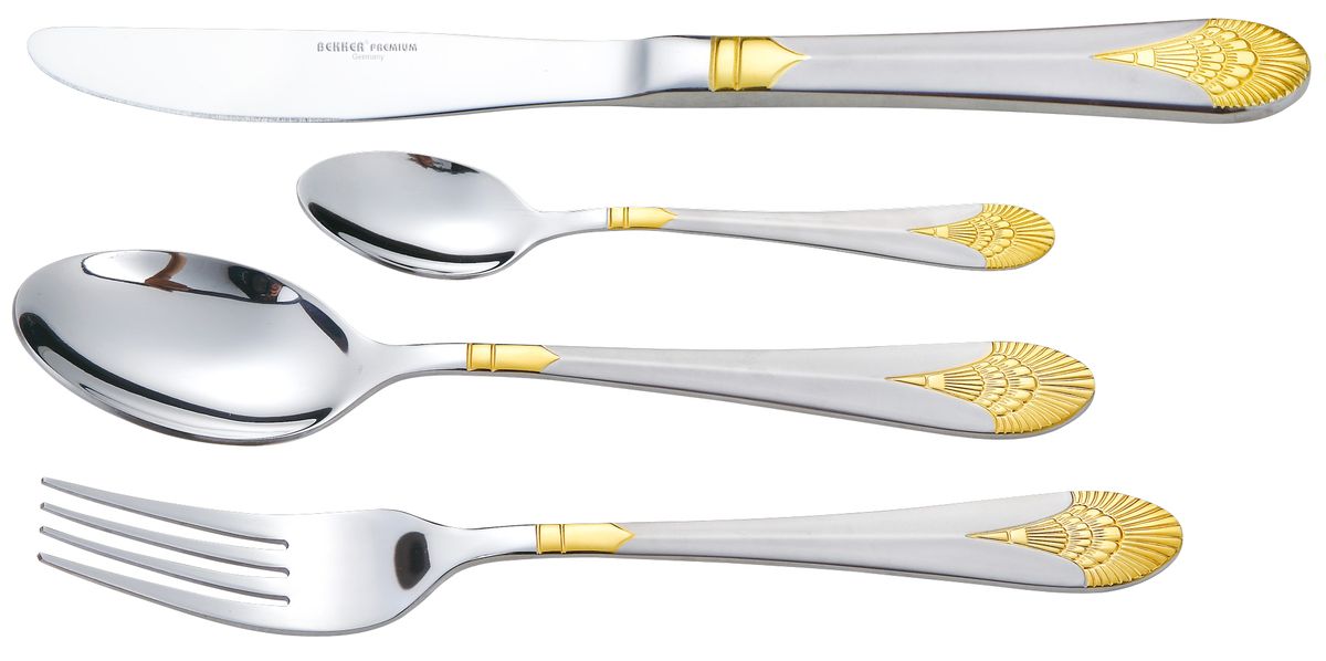 Набор столовых приборов Bekker Premium, 24 предмета. BK-6526BK-6526 Набор столовых приборов Bekker Premium, 24 предмета. BK-6526BK-6526Набор столовых приборов Bekker Premium состоит из 6 столовых ложек, 6 столовых вилок, 6 столовых ножей и 6 чайных ложек. Изделия выполнены из высококачественной нержавеющей стали. Ручки приборов украшены изысканным рельефом с золотистым покрытием. Такой набор прекрасно дополнит сервировку стола. Благодаря качеству материала и первоклассной обработке, набор прослужит вам долгие годы и сохранит безупречный внешний вид.