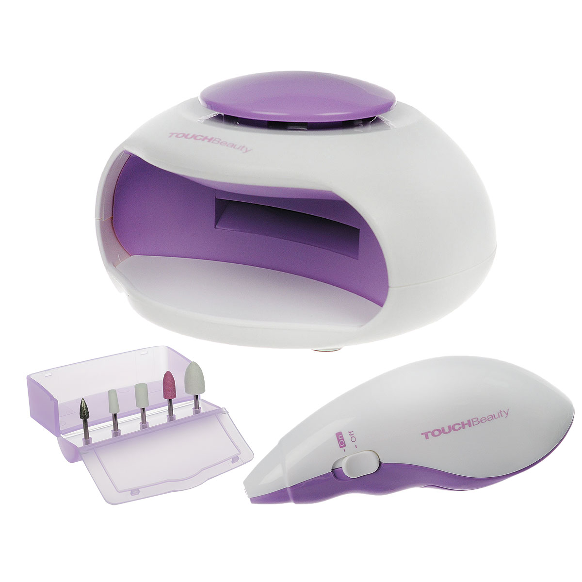 Touchbeauty Маникюрный набор 2в1 Nail Beauty Kit, цвет: сиреневый. AS-1002AS-1002_сиреневый Touchbeauty Маникюрный набор 2в1 Nail Beauty Kit, цвет: сиреневый. AS-1002AS-1002_сиреневыйУниверсальный маникюрно-педикюрный набор 2в1 “Nail Beauty Kit” - для заботливого ухода за ногтями. В комплекте: электроприбор для профессионального маникюра, 5 насадок, УФ-электросушка для быстрого высыхания лака, футляр для хранения насадок. Прибор для маникюра используется для ухода за ногтями - формирования, полировки. Электрическая сушилка для ногтей предназначена для финальной сушки лака. Насадки: Насадка для кутикулы - формирует край ногтя и устраняет кутикулу; Насадка для формирования - полирует поверхность или тонкий передний край акрилового или натурального ногтя; Карборундовая насадка - измельчает акриловый ноготь для обеих сторон и по задней кромке; Конусная насадка - для полировки заднего края акрилового ногтя, чтобы получить гладкую поверхность на стыке с натуральным ногтем; Войлочная насадка - полировка поверхности для получения блеска. Прибор работает от 2 батареек типа ААА, Уф-электросушка - от 3 батареек типа ААА...
