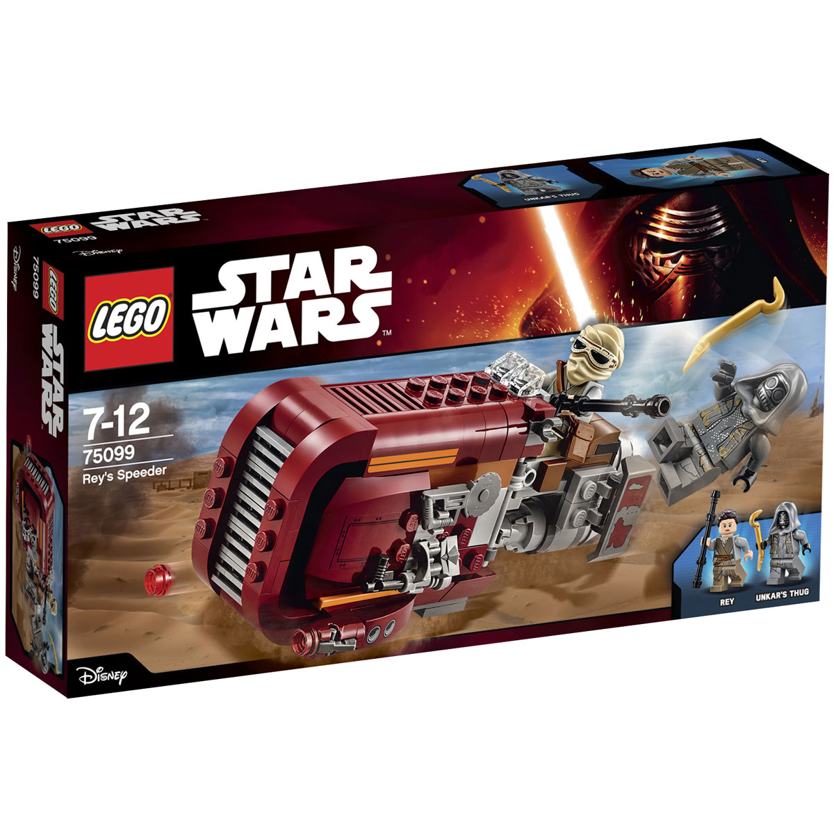 LEGO Star Wars Конструктор Спидер Рей 7509975099 LEGO Star Wars Конструктор Спидер Рей 7509975099Конструктор LEGO Спидер Рей станет отличным подарком фанатам Звездных войн! Чтобы следить за противником, и в тоже время оставаться незамеченной, Рей решила воспользоваться своим скоростным спидером. Его корпус выполнен из бордово-серых деталей, с добавлением оранжевых полос. Спереди видна прямоугольная радиаторная решётка и 2 симметричные пушки. Внутри массивного капота организована система хранения. Вращая один из задних двигателей, можно открыть боковые панели и получить доступ к транспортировочному контейнеру и минисаням, позволяющим быстро перемещаться по песчаным дюнам. Левый борт спидера снабжён специальными креплениями для разведывательного оборудования. На них можно повесить циркулярную пилу, электронный бинокль и бластер. В наборе присутствуют 2 минифигурки: Ункарский разбойник с ломом и Рей с сумкой и оригинальной защитной маской от песка, состоящей из шарфа и шлема штурмовика. Конструктор - это один из самых увлекательнейших и веселых способов...