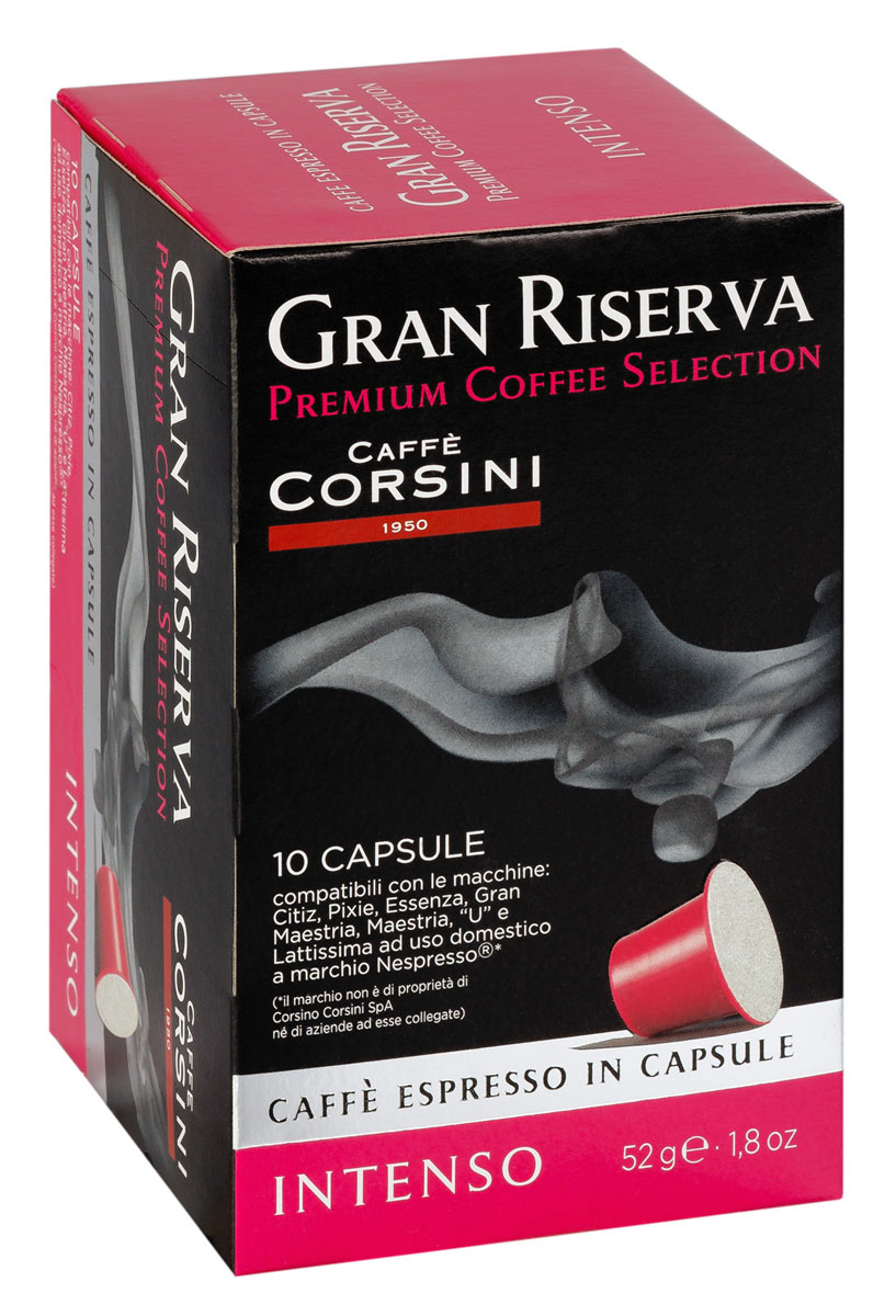 Caffe Corsini Gran Riserva Intenso кофе капсульный, 10 шт8001684910007 Caffe Corsini Gran Riserva Intenso кофе капсульный, 10 шт8001684910007Caffe Corsini Gran Riserva Intenso - интенсивный, насыщенный эспрессо. Сорт гарантирует активный вкус крепкого, черного кофе. Благородный вкус напитка поддерживается ароматами спелых фруктов, кориандра и ягод. В его послевкусии – свежесть тропических цветов и легкий тон ванили. Капсульная система минимизирует воздействие человека на приготовление, обеспечивая стабильность вкусовых качеств кофе. Кофе в капсулах изготовлен специально для кофемашин системы Nespresso.