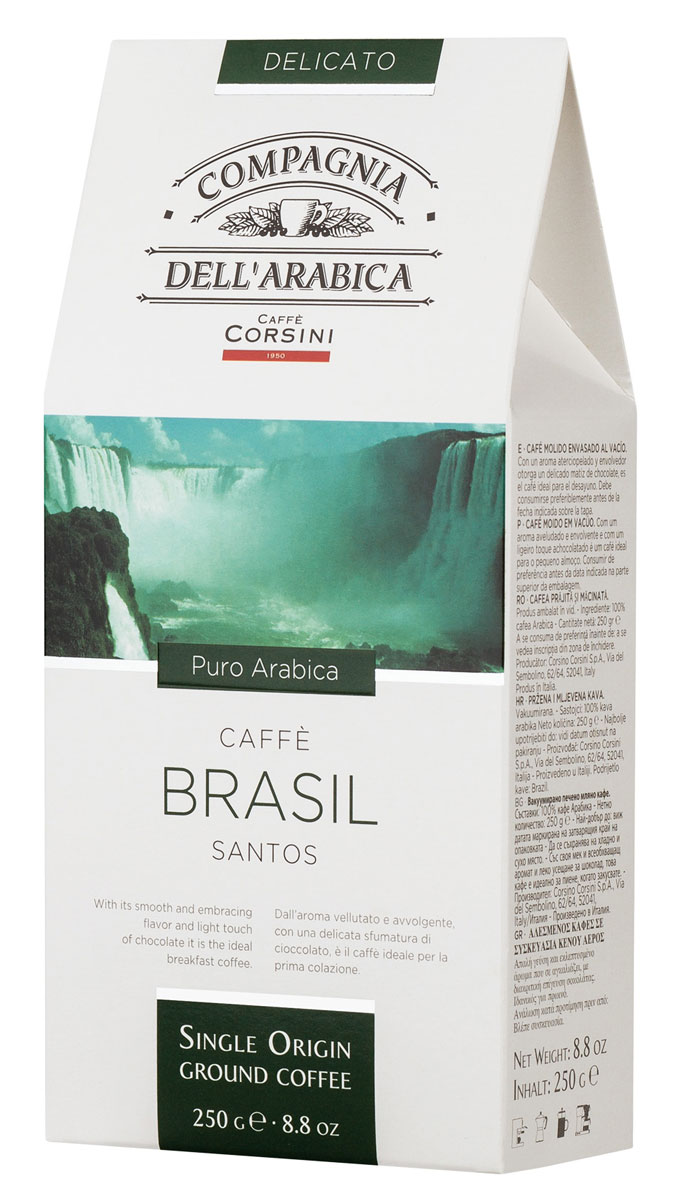 Compagnia DellArabica Brasil Santos молотый кофе, 250 г (вакуумная упаковка)8001684025633 Compagnia DellArabica Brasil Santos молотый кофе, 250 г (вакуумная упаковка)8001684025633Compagnia DellArabica Brasil Santos - один из самых популярных сортов 100% арабики в мире. Теплота молочного шоколада, оживленная цитрусовыми акцентами тонко сочетается с линией свежести южно-американских цветущих садов. Для этого напитка характерна низкая кислотность и идеальная структура. Чтобы насладиться неповторимым вкусом молотого кофе от Compagnia DellArabica, вы можете приготовить его любым известным вам способом, даже просто залив кипятком в чашке!