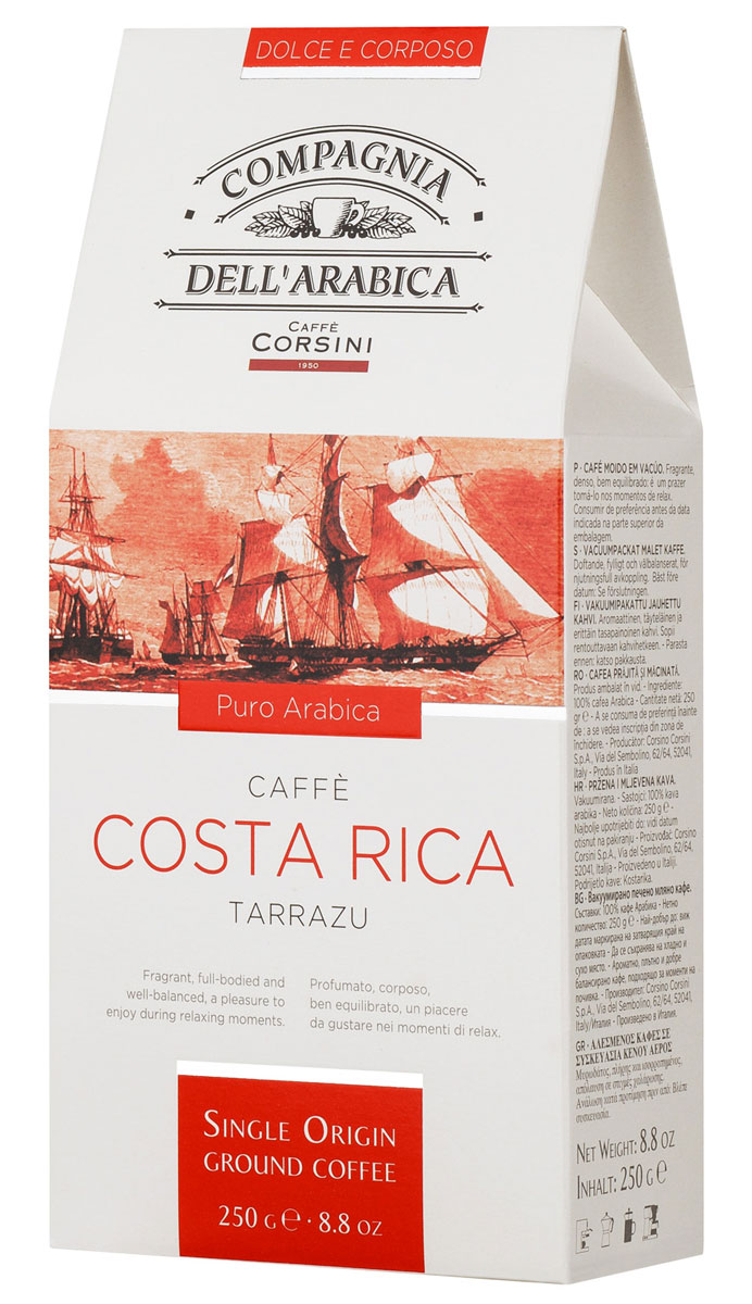 Compagnia DellArabica Costa Rica молотый кофе, 250 г (вакуумная упаковка)8001684011308 Compagnia DellArabica Costa Rica молотый кофе, 250 г (вакуумная упаковка)8001684011308Compagnia DellArabica Costa Rica - насыщенный коста-риканский сорт 100% арабики из легендарного региона Тарразу. Кофе обладает удивительно мягким вкусом со сладким цветочным букетом, нежным ароматом, и легкой кислинкой. Чтобы насладиться неповторимым вкусом молотого кофе от Compagnia DellArabica, вы можете приготовить его любым известным вам способом, даже просто залив кипятком в чашке!