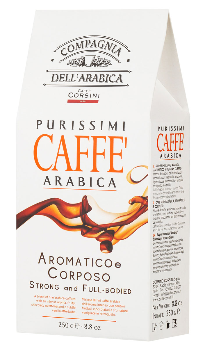Compagnia DellArabica Purissimi Arabica Aromatico Corposo молотый кофе, 250 г (вакуумная упаковка)8001684905850 Compagnia DellArabica Purissimi Arabica Aromatico Corposo молотый кофе, 250 г (вакуумная упаковка)8001684905850Compagnia DellArabica Purissimi Arabica Aromatico Corposo - очень ароматная композиция сортов 100% арабики. Это смесь отличного кофе с интенсивным диапазоном различных сладких и кислых ароматов, фруктово-шоколадным привкусом и тонким послевкусием ванили. Чтобы насладиться неповторимым вкусом молотого кофе от Compagnia DellArabica, вы можете приготовить его любым известным вам способом, даже просто залив кипятком в чашке!