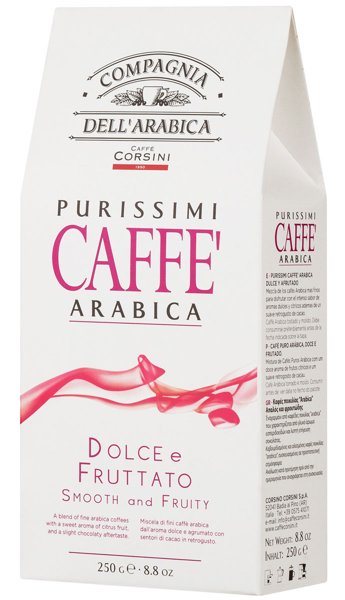 Compagnia DellArabica Purissimi Arabica Dolce Fruttato молотый кофе, 250 г (вакуумная упаковка)8001684905843 Compagnia DellArabica Purissimi Arabica Dolce Fruttato молотый кофе, 250 г (вакуумная упаковка)8001684905843Compagnia DellArabica Purissimi Arabica Dolce Fruttato - это союз сладости спелых солнечных фруктов и крепость настоящей арабики собранной в Центральной Америке и на севере Африки. Смесь великолепного кофе со сладким ароматом плодов цитрусовых, и легким шоколадным послевкусием. Чтобы насладиться неповторимым вкусом молотого кофе от Compagnia DellArabica, вы можете приготовить его любым известным вам способом, даже просто залив кипятком в чашке!