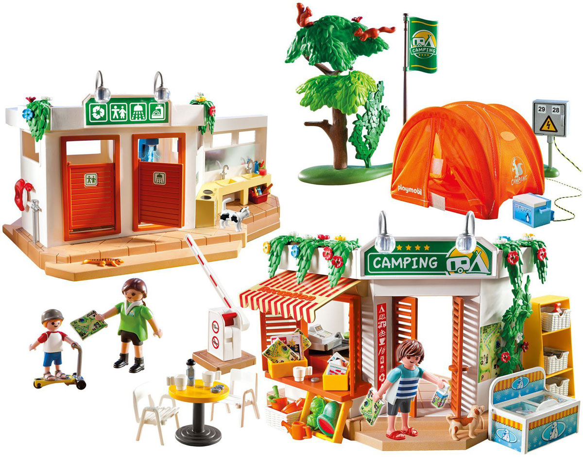 Playmobil Игровой набор Большой кемпинг5432pm Playmobil Игровой набор Большой кемпинг5432pmИгровой набор Playmobil Большой кемпинг обязательно понравится вашему ребенку. Он выполнен из безопасного пластика и включает три фигурки в виде взрослых и ребенка, фигурки в виде животных, складную палатку с устройством для подключения электричества, душевой модуль с помпой, санитарное оборудование, магазин-кафе с мебелью и продуктами, шлагбаум, фигурки животных и другие аксессуары для игры. У фигурок подвижные части тела; в руках они могут удерживать предметы. Яркая оранжевая палатка, выполненная из текстильного материала, складывается в плоскую конструкцию. Шлагбаум поднимается и опускается при нажатии кнопки. Помпа в душевом модуле начинает работать при нажатии голубой кнопки, расположенной за кабинкой. Ваш ребенок с удовольствием будет играть с набором, придумывая веселые истории. Рекомендуемый возраст: от 4 до 10 лет.