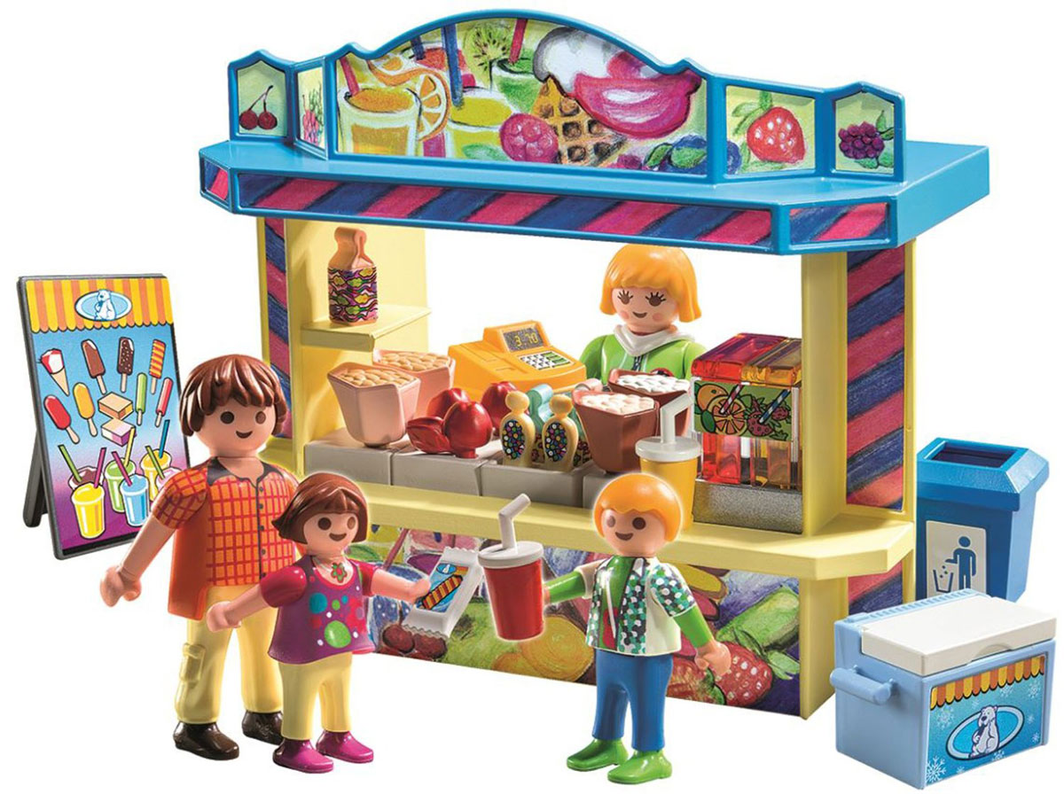 Playmobil Игровой набор Киоск со сладостями5555 Playmobil Игровой набор Киоск со сладостями5555Игровой набор Playmobil Парк Развлечений: Киоск со сладостями позволит обустроить свою собственную маленькую кондитерскую. В комплект входят: две фигурки взрослых, две фигурки детей, киоск, вывеска, а также разнообразные сладости и другие дополнительные элементы декора. Мороженое, попкорн, газировка, соки - выбирай на вкус. И не забудь выбросить бумажки в урну! Элементы набора выполнены из прочного пластика ярких цветов и легко соединяются между собой. Руки и головы фигурок подвижны, а благодаря специальной форме ручек, они могут держать различные небольшие предметы, входящие в набор. Игры с таким набором позволят ребенку весело провести время. А процесс сборки игрушки поможет малышу развить мелкую моторику пальчиков, внимательность и усидчивость. Порадуйте своего малыша такой чудесной игрушкой!