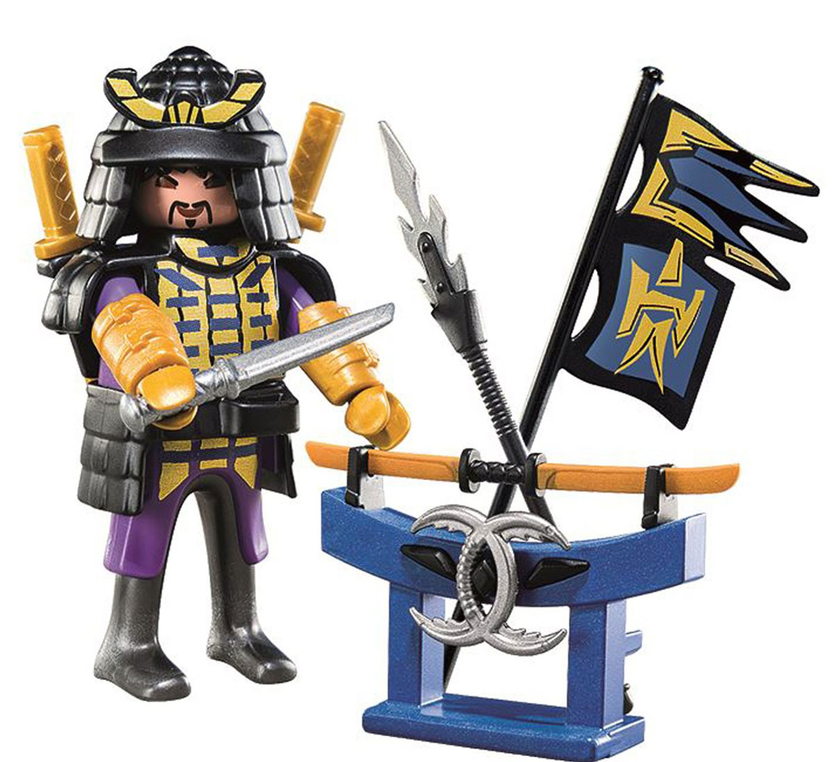 Playmobil Игровой набор Самурай с арсеналом4789pm Playmobil Игровой набор Самурай с арсеналом4789pmИгровой набор Playmobil Самурай с арсеналом понравится вашему малышу и надолго увлечет его. В комплект входят: фигурка самурая, стойка для оружия, а также разнообразное оружие и дополнительные аксессуары. Элементы набора выполнены из прочного пластика ярких цветов и легко соединяются между собой. Руки и голова фигурки подвижны, а благодаря специальной форме ручек, она может держать различные небольшие предметы, входящие в набор. Грозный самурай с боевым флагом вооружен до зубов: два меча, сабля, боевая пика. А двусторонний меч такой острый, что его нужно хранить в специальной подставке! Игры с таким набором позволят ребенку весело провести время. А процесс сборки игрушки поможет развить мелкую моторику пальчиков, внимательность и усидчивость. Порадуйте своего малыша такой чудесной игрушкой!