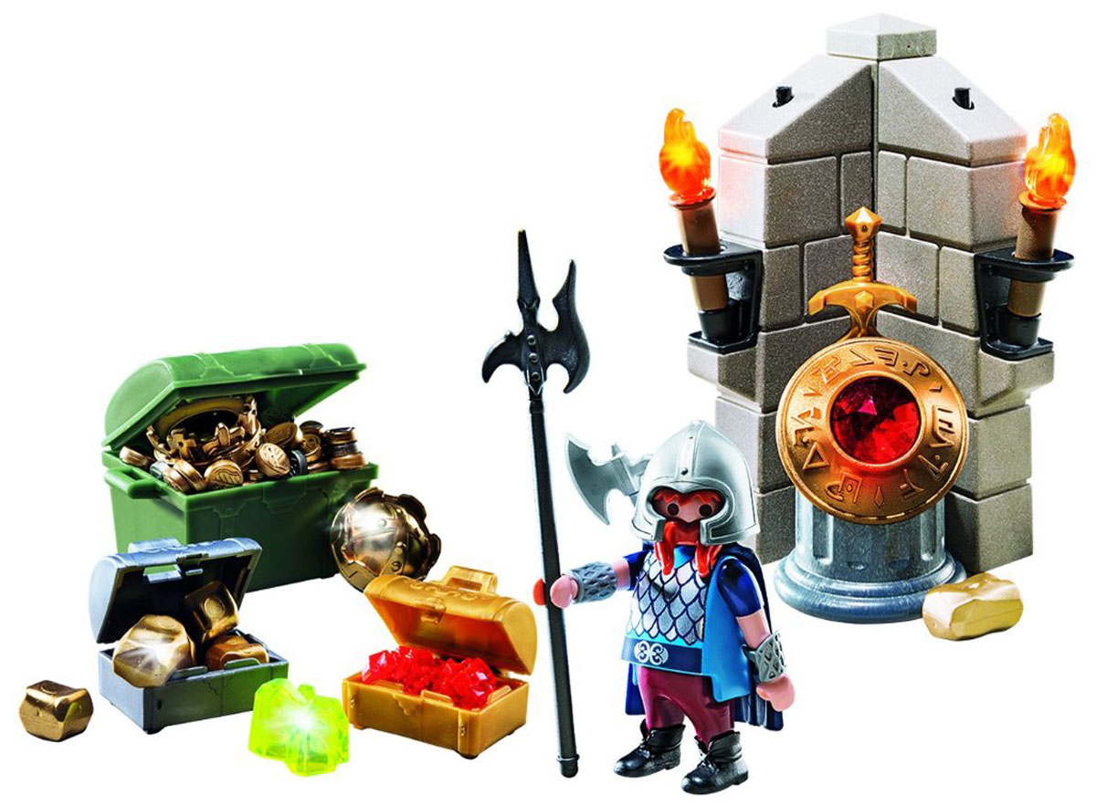 Playmobil Игровой набор Хранитель царских сокровищ6160 Playmobil Игровой набор Хранитель царских сокровищ6160Игровой набор Playmobil Хранитель царских сокровищ позволит малышу почувствовать себя настоящим охотником за сокровищами. В комплект входят: фигурка Хранителя сокровищ, оружие, крепостные стены, а также разнообразные драгоценности. Элементы набора выполнены из прочного пластика ярких цветов и легко соединяются между собой. Руки и голова фигурки подвижны, а благодаря специальной форме ручек, она может держать различные небольшие предметы, входящие в набор. Вместе с Хранителем стереги сундуки с царскими сокровищами, золотом и драгоценностями. Если воры нападут, у хранителя есть меч и алебарда. Если же воры попытаются подкрасться незаметно под покровом ночи, хранитель зажжет факелы. Игры с таким набором позволят ребенку весело провести время. А процесс сборки игрушки поможет малышу развить мелкую моторику пальчиков, внимательность и усидчивость. Порадуйте своего малыша такой чудесной игрушкой! Необходимо докупить 2 батарейки напряжением 1,5V типа ААА (не...