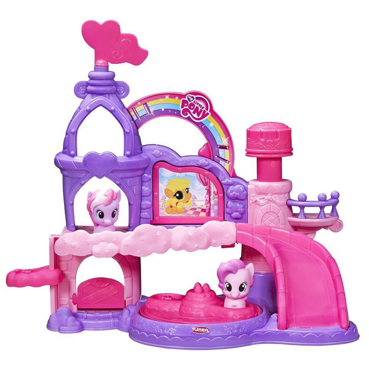 Playskool Игровой набор My Little Pony: Замок пониB1648 Playskool Игровой набор My Little Pony: Замок пониB1648Игровой набор Playskool My Little Pony: Замок пони создан специально для самых маленьких поклонниц симпатичных лошадок. Все элементы набора выполнены из безопасного и прочного материала. Замок имеет два этажа и много интересных элементов. Наверху есть башенки, балкончик, имеется большая кнопка, которая при нажатии активирует приятную мелодию. На башенке есть поворачивающийся флюгер. Также вашу малушку ждет открывающаяся стенка с нарисованной на ней пони Эплджек. Вниз на первый этаж спускается лесенка-горка, по которой малышке будет интересно катать пони. Другой способ поднимать - спускать фигурки на этажи - это лифт, находящийся сбоку. На первом этаже присутствует открывающаяся дверца и крутящаяся карусель. Поставив фигурки на нее, можно представлять как пони развлекаются в их прекрасном замке. Две фигурки пони, входящие в комплект: Пинки Пай и Стар Сонг. Поняшки очень удобны для захвата детскими пальчиками. Порадуйте ребенка таким замечательным подарком! ...