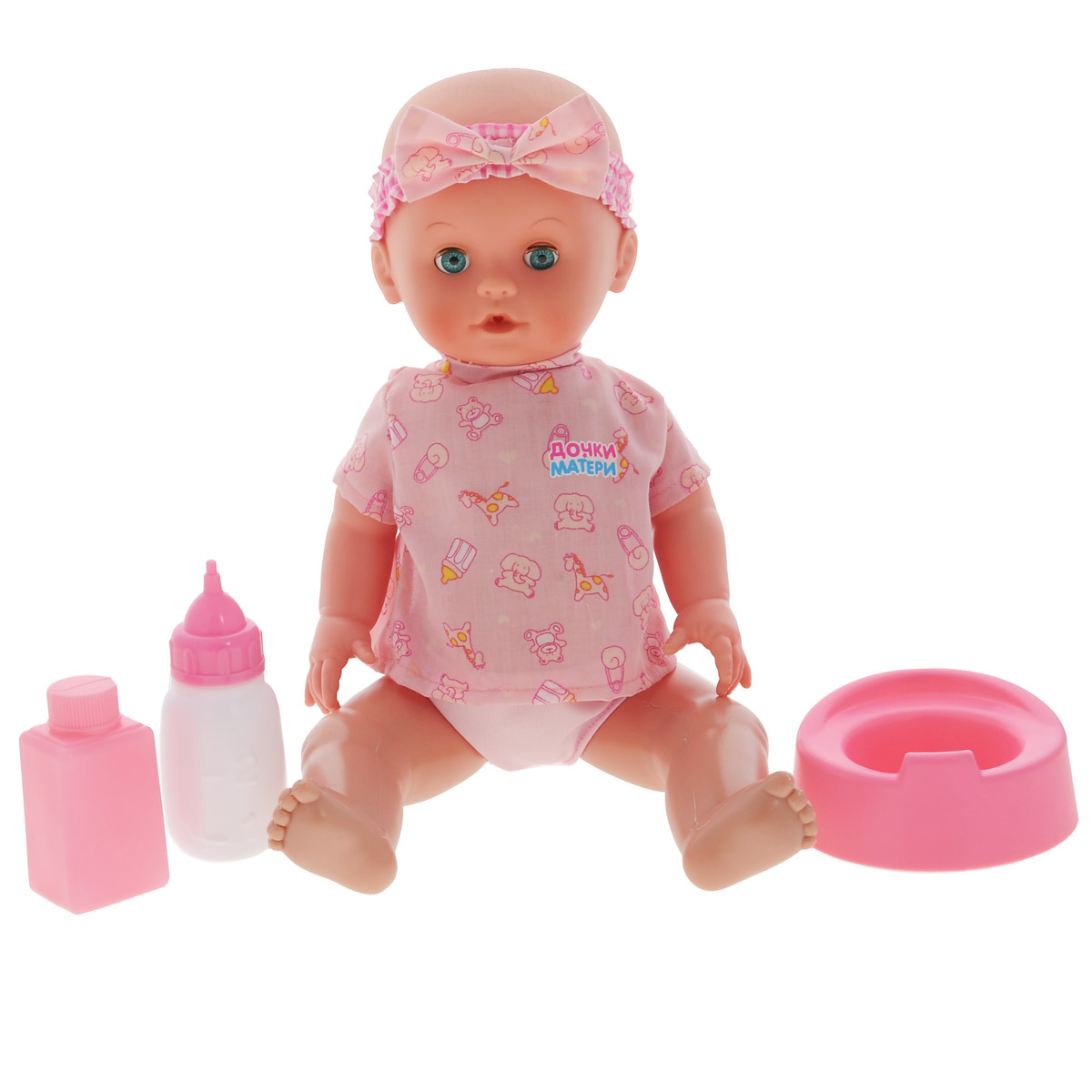 Пупс Joy Toy Моя малышка. Дочки-Матери, с аксессуарами. 5194G081-H43158 Пупс Joy Toy Моя малышка. Дочки-Матери, с аксессуарами. 5194G081-H43158Очаровательная кукла-младенец Joy Toy Моя малышка. Дочки-Матери непременно понравится маленькой маме. Самым лучшим и всегда желанным подарком для девочки является функциональная кукла, которую можно купать, переодевать и укладывать спать. Кукла порадует любую малышку и сделает социально-ролевые игры намного интереснее. Малышка одета в розовую футболку с рисунками животных и трусики, а на голове у нее красуется милый розовый бантик с тем же рисунком. Кукла сама закрывает глазки, если ее уложить спать. В набор входят необходимые аксессуары.