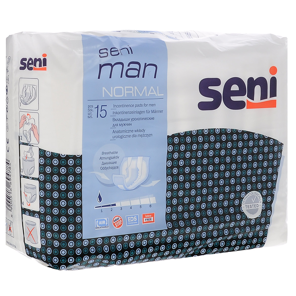 Seni Урологические вкладыши для мужчин Man. Normal, 15 штSE-095-MN15-003 Seni Урологические вкладыши для мужчин Man. Normal, 15 штSE-095-MN15-003Урологические вкладыши Seni Man Normal для мужчин, обеспечивают надежную защиту при легкой степени недержания мочи. Анатомическая форма - оптимальное прилегание к телу, дышащий внешний слой снижает риск возникновения раздражения кожи. Впитывающий слой с антибактериальным суперабсорбентом - это высокая впитываемость и нейтрализация неприятного запаха. Распределяющий слой EDS обеспечивает быструю и равномерную впитываемость, а мягкая поверхность, гидрофобные боковые бортики - защиту от протекания по бокам. Вкладыши оптимально приспосабливаются к форме тела, благодаря чему незаметны под одеждой.
