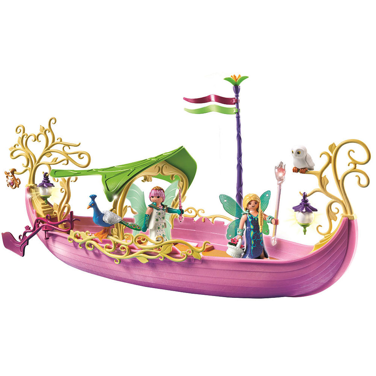 Playmobil Игровой набор Корабль королевы Фей5445pm Playmobil Игровой набор Корабль королевы Фей5445pmИгровой набор Playmobil Корабль королевы Фей позволит вашей дочурке погрузиться в сказочный мир волшебства. В комплект входят: фигурки фей, лодка, подвеска, а также дополнительные аксессуары и элементы декора. Элементы набора выполнены из прочного пластика ярких цветов и легко соединяются между собой. Руки и головы фигурок подвижны, а благодаря специальной форме ручек, они могут держать различные небольшие предметы, входящие в набор. Прекрасная лодка-гондола перенесет игроков и их героев в сказочный мир фей, а от жары спасет большой навес, которым оснащена лодка. Фигурки фей могут воспользоваться кристальным посохом или волшебной палочкой, чтобы немного поколдовать. Кустарник, цветы, камни, фигурки павлина и филина помогут создать сказочный остров - мир магии. А вдруг по дороге встретятся и крылатые питомцы фей - единороги? Ветви деревьев можно украсить декоративными фонариками, чтобы осветить островок в темное время суток. Фигурки фей одеты в длинные платья,...
