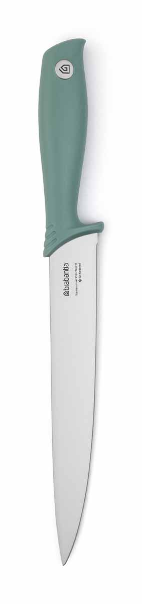 Нож разделочный Brabantia, цвет: мятный, длина лезвия 20 см108044 Нож разделочный Brabantia, цвет: мятный, длина лезвия 20 см108044Разделочный нож Brabantia предназначен для профессиональной нарезки. Лезвие изготовлено из закаленной высокоуглеродистой молибден-ванадиевой стали (X50CRMOV15), поэтому нож остается острым в течение длительного времени и имеет повышенную устойчивость к царапинам и коррозии. Нож имеет цветную бесшовную ручку из монолитного материала, гигиеничен и удобен в очистке. Специальный предохранитель на рукоятке защищает пальцы и обеспечивает повышенную безопасность. Длинное лезвие с тонким кончиком делает нож удобным для резки любого мяса. Добавьте цвета и настроения в интерьер своей кухни с коллекцией кухонных принадлежностей от Brabantia Tasty Tools в палитре аппетитных оттенков. Общая длина ножа: 32,5 см.