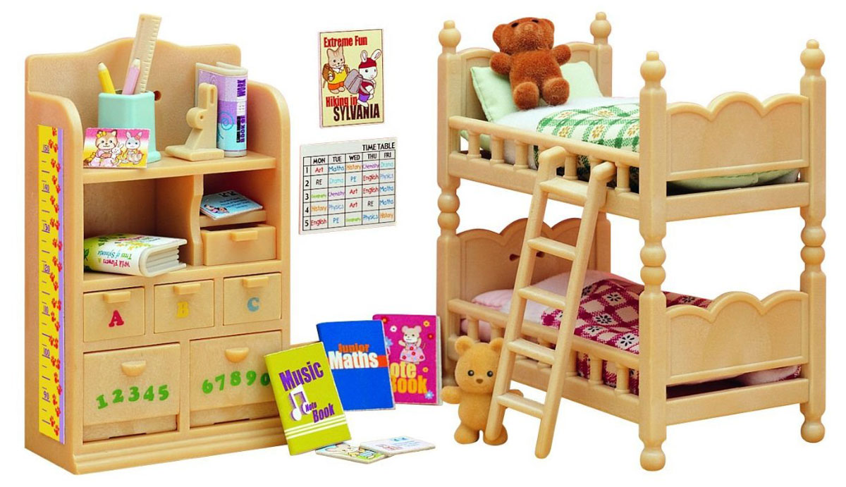 Sylvanian Families Игровой набор Детская комната 29262926 Sylvanian Families Игровой набор Детская комната 29262926Игровой набор Детская комната привлечет внимание вашего ребенка и станет отличным подарком для поклонников жителей чудесной страны Sylvanian Families. В набор входит двухъярусная кровать, постельные принадлежности, шкаф, лесенка, 2 медвежонка-игрушки, 2 книжки и канцелярские предметы. Фигурки в комплект не входят! Компания была основана в 1985 году, в Японии. Sylvanian Families очень популярен в Европе и Азии, и, за долгие годы существования, компания смогла добиться больших успехов. 3 года подряд в Англии бренд Sylvanian Families был признан Игрушкой Года. Сегодня у героев Sylvanian Families есть собственное шоу, полнометражный мультфильм и сеть ресторанов, работающая по всей Японии. Sylvanian Families - это целый мир маленьких жителей, объединенных общей легендой. Жители страны Sylvanian Families - это кролики, белки, медведи, лисы и многие другие. У каждого из них есть дом, в котором есть все необходимое для счастливой жизни. В городе, где ...
