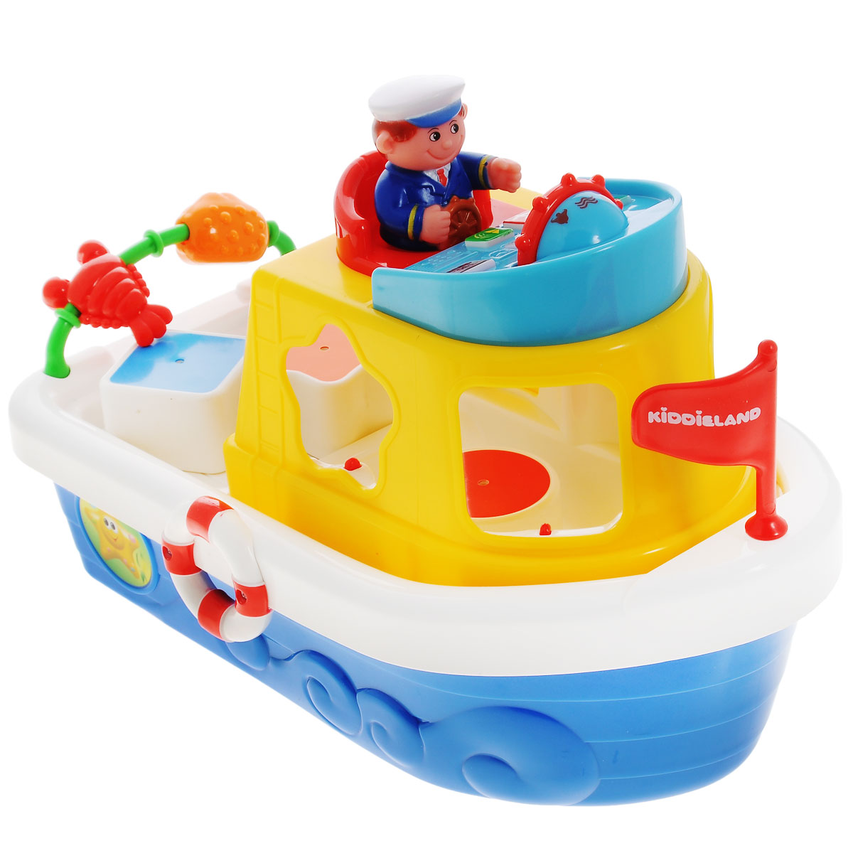 Kiddieland Развивающая игрушка Мой первый корабль-сортерKID 046045 Kiddieland Развивающая игрушка Мой первый корабль-сортерKID 046045Развивающая игрушка Kiddieland Мой первый корабль-сортер обязательно порадует малыша. На палубе игрушки имеются геометрические отверстия, внутрь которых вставляются фигурки соответствующей формы. Каждая деталь отличается цветом. За рулем штурвала сидит отважный капитан, его также можно доставать и играть им отдельно. Игрушка оснащена звуковыми эффектами, что делает игру более интересной. Игрушка способствует развитию координации движений малыша, ловкости, внимательности и воображения. Рекомендуемый возраст: от 18 месяцев. Питание: 2 батарейки типа AА (входят в комплект).