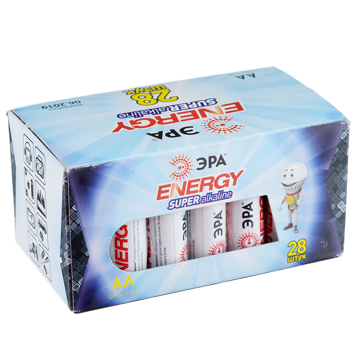 Батарейка алкалиновая ЭРА Energy, тип AA (LR6-28), 1,5В, 28 шт5055398651254 Батарейка алкалиновая ЭРА Energy, тип AA (LR6-28), 1,5В, 28 шт5055398651254Щелочные (алкалиновые) батарейки ЭРА Energy оптимально подходят для повседневного питания множества современных бытовых приборов: электронных игрушек, фонарей, беспроводной компьютерной периферии и многого другого. Не содержат кадмия и ртути. Батарейки созданы для устройств со средним и высоким потреблением энергии. Работают в 10 раз дольше, чем обычные солевые элементы питания. Размер батарейки: 1,4 см х 4,3 см.