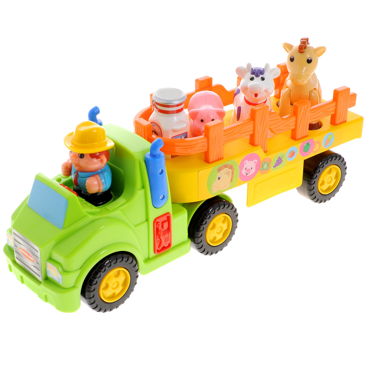 Kiddieland Развивающий центр Фермерский тракторKID 043687 Kiddieland Развивающий центр Фермерский тракторKID 043687Яркая игрушка Kiddieland Развивающий центр Фермерский трактор обязательно порадует малыша приятными мелодиями, забавными звуками и мигающими огоньками. Развивающий центр - это фермерский трактор, где сидит человечек-тракторист, и прицеп, в котором можно перевозить сельскохозяйственных животных. При нажатии на тракториста играет музыка. Рекомендуемый возраст: от 18 месяцев. Питание: 2 батарейки типа AА (входят в комплект).