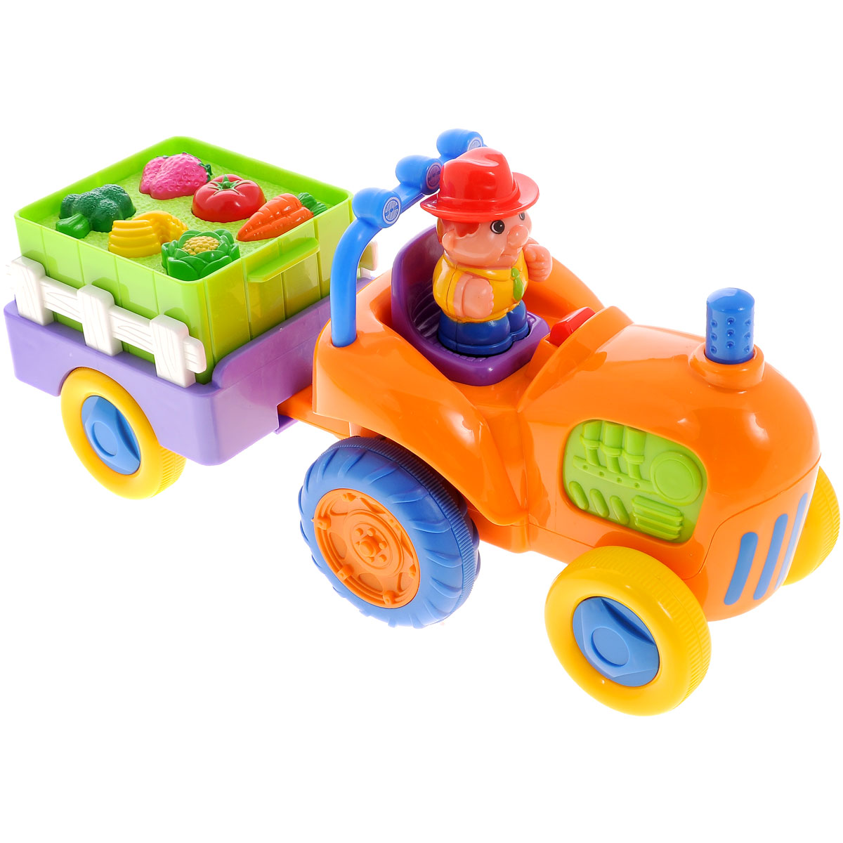 Kiddieland Развивающая игрушка Трактор с овощамиKID 037325 Kiddieland Развивающая игрушка Трактор с овощамиKID 037325Развивающий игровой центр Kiddieland Трактор с овощами обязательно порадует малыша. Трактор снабжен настоящим прицепом, в котором лежат овощи. А в кабине трактора сидит вынимающийся человечек-водитель. Если нажать на фигурку водителя, или вынуть, а потом заново посадить его на сиденье, заиграет забавная мелодия. При нажатии на руль слышен звук клаксона. Если нажать на трубу, трактор будет издавать звук заводящегося мотора. Если нажать на овощи в прицепе - услышим, как они называются по-английски, а потом заиграет мелодия. Игрушка способствует развитию координации движений малыша, ловкости, внимательности и воображения. Рекомендуемый возраст: от 12 месяцев. Питание: 3 батарейки типа AА (входят в комплект).