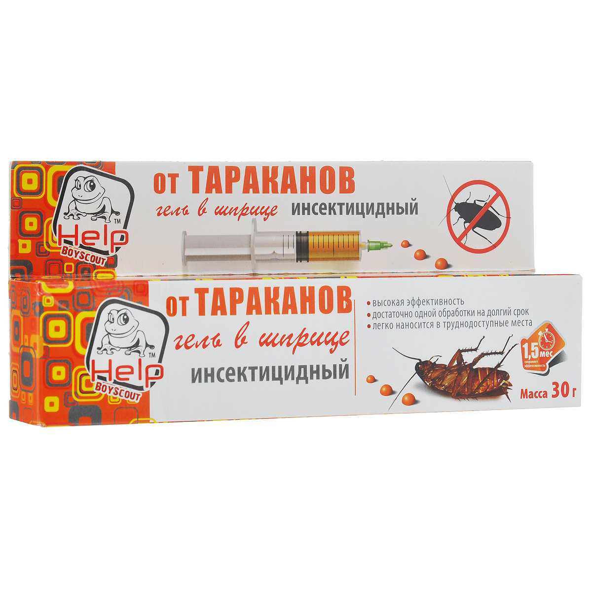 Гель от тараканов Help, в шприце, 30 г80272 Гель от тараканов Help, в шприце, 30 г80272Инсектицидный гель Help в шприце предназначен для уничтожения тараканов и муравьев (рыжих домовых, черных садовых). Для уничтожения тараканов необходимо нанести средство в местах их обнаружения и на путях пребывания. Изделие подходит для профессионального применения. Гибель тараканов наступает на 2 сутки, муравьев через 1 сутки. Гель Help быстро избавит вас от надоедливых насекомых. Масса: 30 г. Состав: диазинон - 0,2%, хлорпирифос - 0,3%: стабилизатор, консервант, гелеобразователь, битрекс и пищевые наполнители до 100%. Товар сертифицирован.