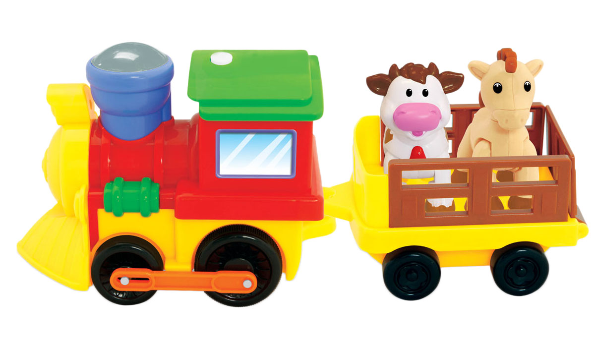Kiddieland Развивающая игрушка Поезд с животнымиKID 050096 Kiddieland Развивающая игрушка Поезд с животнымиKID 050096Яркая развивающая игрушка Kiddieland Поезд с животными не оставит равнодушным ни одного малыша. Поезд со звуковыми и световыми эффектами движется вперед под веселую музыку и мигание разноцветных огоньков. В прицепе есть вынимающиеся фигурки лошади и коровы, которыми можно играть отдельно. Игрушка изготовлена из высококачественной пластмассы, не имеет острых углов и абсолютно безопасна для малыша. Игрушка способствует развитию, мелкой моторики, цветовосприятия, воображения и творческого мышления. Рекомендуемый возраст: от 12 месяцев. Питание: 4 батарейки типа АА (входят в комплект).