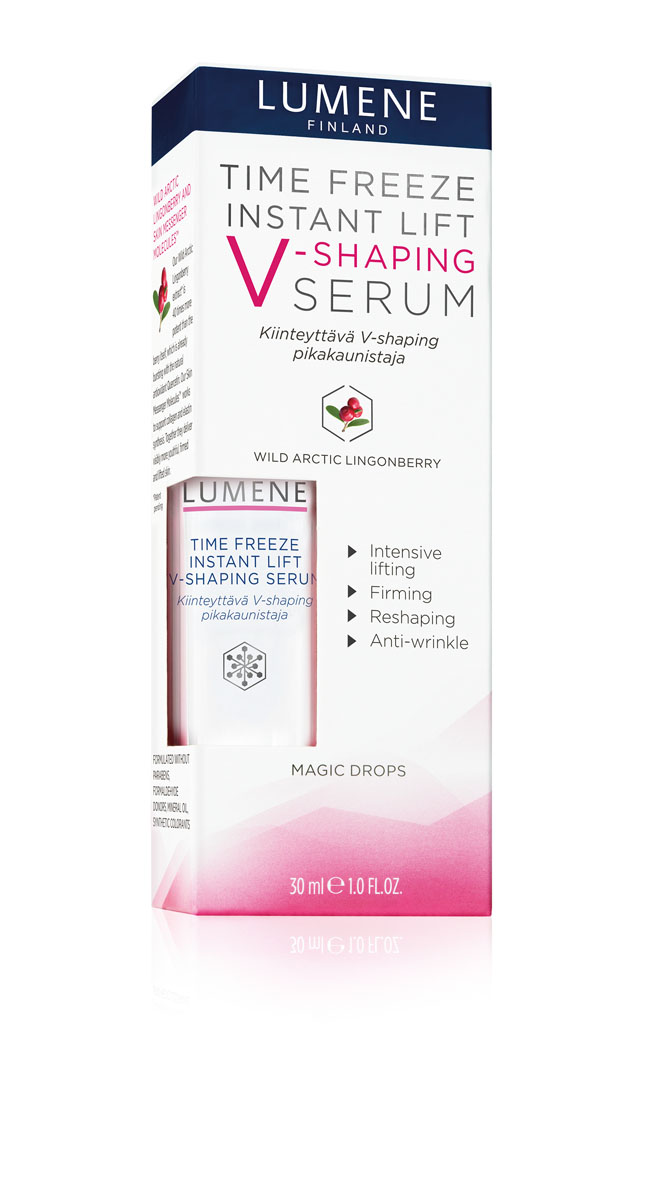 Lumene Лифтинг-сыворотка V-shape Lumene Time Freeze, 30 млNL61-80410 Lumene Лифтинг-сыворотка V-shape Lumene Time Freeze, 30 млNL61-80410LUMENE TIME FREEZE INSTANT LIFT V-SHAPING SERUM . ЛИФТИНГ-СЫВОРОТКА V-SHAPE LUMENE TIME FREEZE. Область: лицо, контуры, шея. С арктической брусникой. Для всех типов кожи. Обеспечивает мгновенный эффект лифтинга уже при первом применении и восстанавливает упругость кожи при регулярном использовании. Благодаря экстракту арктической брусники и технологии активации межклеточного обмена стимулирует выработку коллагена и эластина. Анти-гравитационный пептидный компонент подтягивает и улучшает контуры лица. Заметно уменьшает морщины и предотвращает появление новых. Произведено без парабенов, производных формальдегида, минеральных масел и синтетических красителей.