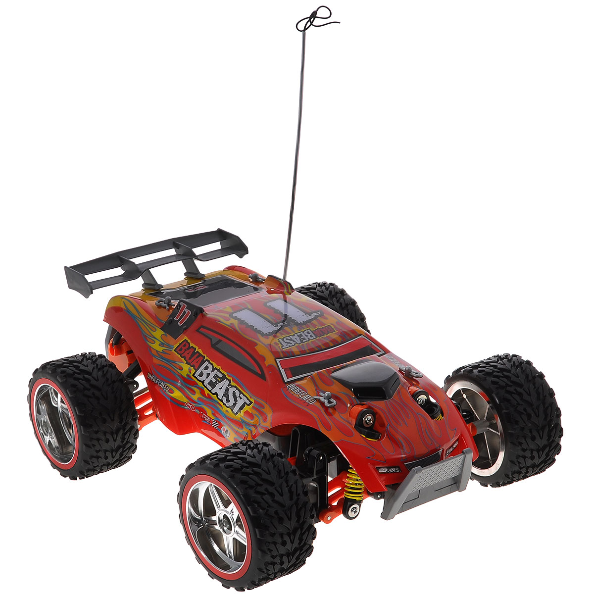 Maisto Радиоуправляемая модель Baja Beast цвет красный81132 R/U Maisto Радиоуправляемая модель Baja Beast цвет красный81132 R/UРадиоуправляемая модель Baja Beast с ярким динамичным дизайном обладает легким, но прочным каркасом, повышенной амортизацией колес и усиленной защитой. Все колеса машинки подпружинены. Модель оснащена ручной настройкой выравнивания передних колес. Скорость движения регулируется силой нажатия кнопки на пульте управления. Машинка движется вперед, дает задний ход, поворачивает влево и вправо, останавливается. Пульт управления имеет три канала, что позволяет одновременно играть трем игрокам. Такая модель станет отличным подарком не только любителю автомобилей, но и человеку, ценящему оригинальность и изысканность, а качество исполнения представит такой подарок в самом лучшем свете. Машина работает от аккумулятора 7,2V (входит в комплект), пульт управления работает от батареи напряжением 9V (входит в комплект).
