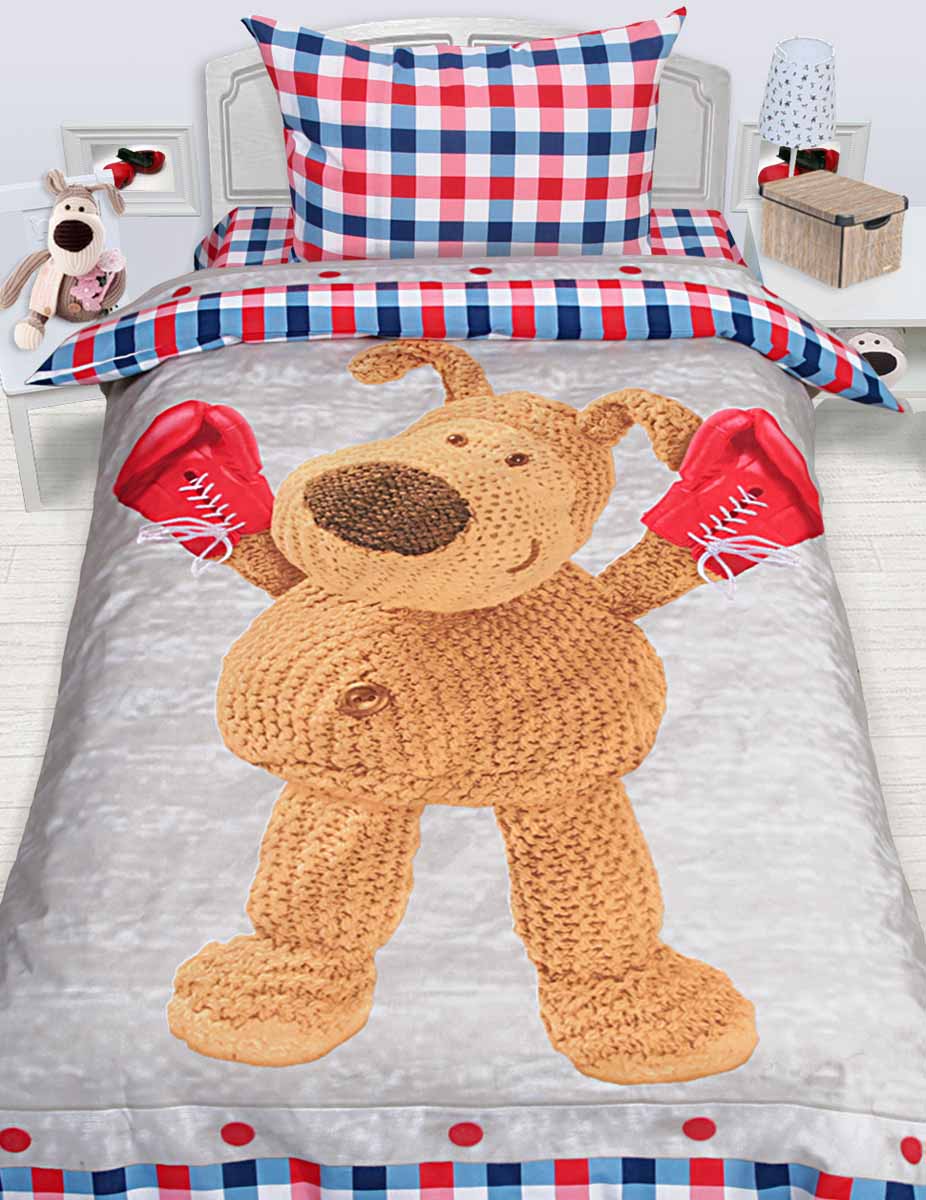 Комплект белья Mona Liza Boofle, детский 1,5 спальный, наволочка 50х70. 521804521804 Комплект белья Mona Liza Boofle, детский 1,5 спальный, наволочка 50х70. 521804521804Комплект детского белья Mona Liza Boofle, выполненный из хлопка, состоит из пододеяльника, простыни и двух наволочки. Комплект оформлен изображением забавного вязаного медвежонка Boofle в боксерских перчатках. Постельное белье состоит из 100% хлопка самого простого полотняного переплетения из достаточно толстых, но мягких нитей. Стоит постельное белье из этой ткани не намного дороже поликоттона или полиэфира, но приятней на ощупь и лучше пропускает воздух. Благодаря современным технологиям окраски, белье не теряет свой цвет даже после множества стирок. Ткань с незначительной сминаемостью, легкая, с прекрасными гигиеническими показателями. В комплект входит: Пододеяльник - 1 шт. Размер: 145 см х 210 см. Простыня - 1 шт. Размер: 150 см х 215 см. Наволочка - 1 шт. Размер: 50 см х 70 см. Рекомендации по уходу: - Ручная и машинная стирка 40°С, - Гладить при температуре не более 150°С, - Не использовать хлорсодержащие средства,...