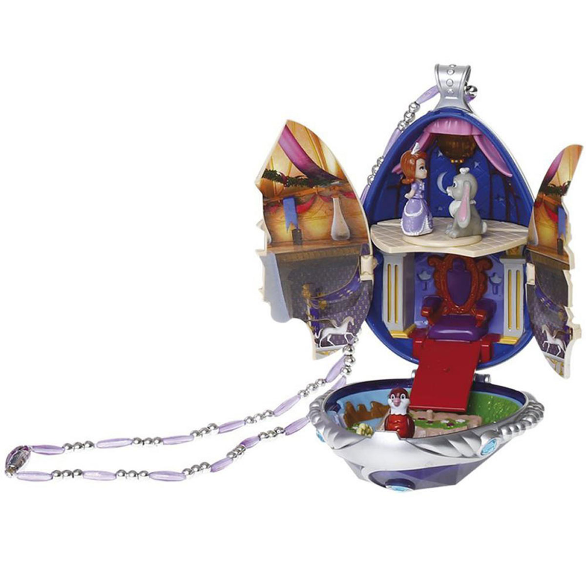 Disney Игровой набор София Прекрасная, с амулетом15158 Disney Игровой набор София Прекрасная, с амулетом15158Набор от Disney София Прекрасная обязательно понравится маленькой моднице. В игровой набор по одноименному мультсериалу входит большой амулет в виде раскрывающегося яйца на длинной цепочке, и минифигурки принцессы, зайчика и птички. Амулет полностью раскрывается, а при нажатии на специальную кнопку, он сверкает и малышка слышит прекрасную мелодию. Внутрь украшения можно поместить минифигурки. Фигурка принцессы одета в длинное платье сиреневого цвета и может наклоняться вперед. Порадуйте вашу малышку таким замечательным подарком!