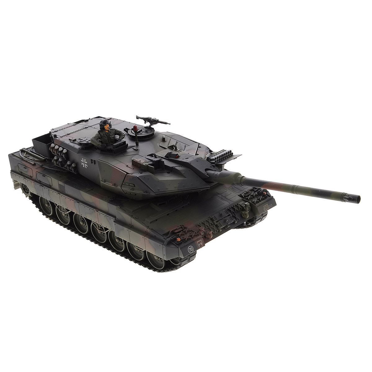 VSP Танк на радиоуправлении German Leopard2 A6628436 VSP Танк на радиоуправлении German Leopard2 A6628436Радиоуправляемый танк VSP German Leopard2 A6 - это реалистичная коллекционная модель в масштабе 1/24. Она представляет собой уменьшенную копию немецкого основного боевого танка, известного как Леопард 2. Модель серийно выпускается с 1979 года и стоит на вооружении армий Австрии, Германии, Норвегии, Швеции, Испании, Турции и других стран. Пульт управления работает на частоте 2,4 ГГц и оснащен светодиодной подсветкой голубого цвета. Система Airsoft обеспечивает постоянное движение танка и стрельбу из пневматической пушки. Данная модель может стрелять мягкими (пневматическими) BB шариками, поэтому имеет возрастное ограничение от 14 лет. Благодаря работе на частоте 2,4 ГГц танк будет легко сопрягаться с пультом управления. Новые электронные схемы, примененные в этом пульте, позволяют принимать участие в игровых сражениях одновременно 16 танкам. Радиус управления заметно увеличился и составляет 40-50 метров на улице и 25-30 метров внутри ...