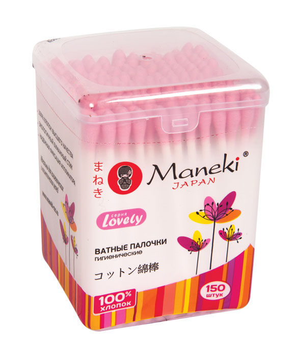 Maneki Палочки ватные гигиенические Lovely, с розовым бумажным стиком, в пластиковой коробочке, 150 шт.CB944 Maneki Палочки ватные гигиенические Lovely, с розовым бумажным стиком, в пластиковой коробочке, 150 шт.CB944Палочки ватные гигиенические в пластиковом стакане с надежной фиксацией аппликатора. Идеально подходят для гигиенических и косметических целей, не содержит флуоресцентных красителей. Экологический бумажный стик и 100% хлопок. Аппликатор розового цвета. Оригинальный дизайн упаковки, в упаковке 150 палочек.