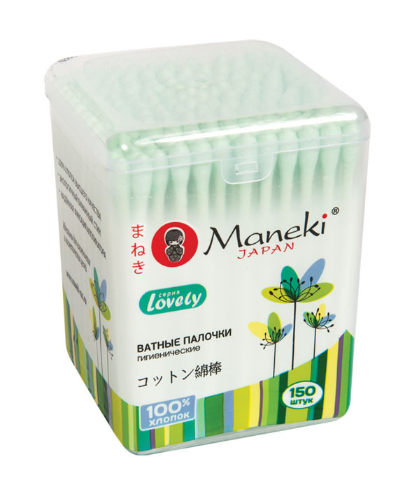 Maneki Палочки ватные гигиенические Lovely, с зеленым бумажным стиком, в пластиковой коробке, 150 шт.CB951 Maneki Палочки ватные гигиенические Lovely, с зеленым бумажным стиком, в пластиковой коробке, 150 шт.CB951Палочки ватные гигиенические в пластиковом стакане с надежной фиксацией аппликатора. Идеально подходят для гигиенических и косметических целей, не содержит флуоресцентных красителей. Экологический бумажный стик и 100% хлопок. Аппликатор зеленого цвета. Оригинальный дизайн упаковки, в упаковке 150 палочек.