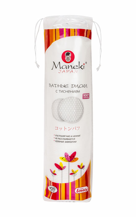 Maneki Диски ватные косметические с тиснением Lovely,100 шт.CP1149 Maneki Диски ватные косметические с тиснением Lovely,100 шт.CP1149Ватные диски двухсторонние мягкая и надежная поверхность не оставляет ворсинок. Одна сторона с гладкой текстурой, а другая с рифлёной текстурой. Диски из 100% хлопка, особая структура для экономичного расхода косметических средств. Идеально подходят для ежедневного ухода за кожей, отлично подходят для гигиенических и косметических процедур. Диски надежно скреплены, не расслаиваются. Удобная упаковка с завязочками, в упаковке 100 шт.