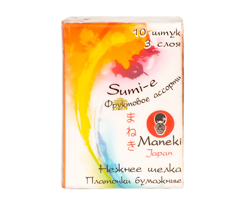 Maneki Платочки бумажные Sumi-e, 3 слоя, 10 шт. в пачке, с ароматом фруктовPT319 Maneki Платочки бумажные Sumi-e, 3 слоя, 10 шт. в пачке, с ароматом фруктовPT319Платочки бумажные из 100% целлюлозы в компактной упаковке с ароматом фруктов. Платочки мягкие и не вызывают раздражения кожи, приятны на ощупь. Инновационная структура обеспечивает непревзойденную впитываемость. В упаковке 10 штук, размер листа 210х210 мм