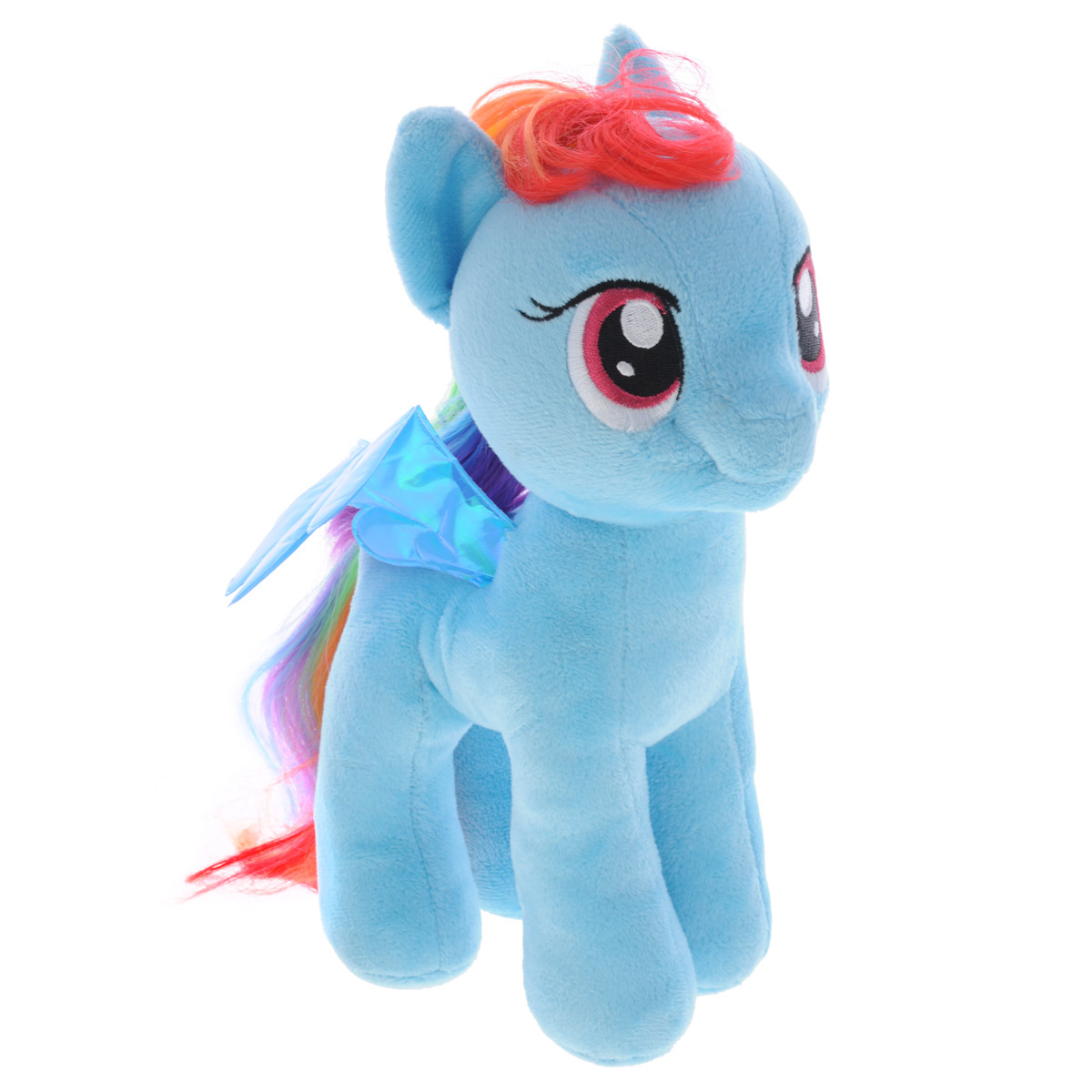 My Little Pony Мягкая игрушка Rainbow Dash, 28 см90205 My Little Pony Мягкая игрушка Rainbow Dash, 28 см90205Рэинбоу Дэш - это голубая пони с гривой и хвостом, окрашенными в радужные цвета. Грива и хвост распущенные, но не прямые, а взъерошенные. Глаза Радуги малинового цвета. Хобби Рэйнбоу - это, естественно, полеты и ее работа - очищение неба и устройство погоды в Понивилле. Рэинбоу Дэш - очень смелая, целеустремленная пони, она не любит проигрывать, обожает победы, скорость и полеты, любит опасности и приключения, иногда может запугать своих друзей-пони. В ней кипит настоящий адреналин, она готова сразиться с любым врагом, и она мало чего боится. Чудесная малышка станет любимой игрушкой вашего малыша!