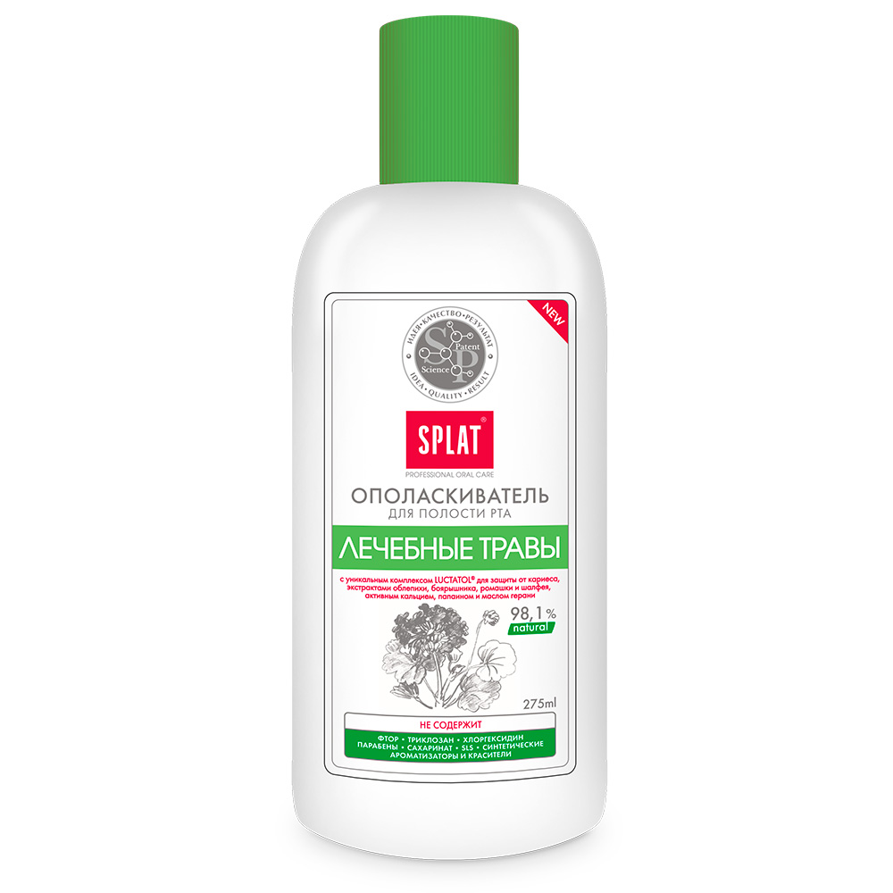 Splat Professional Ополаскиватель для полости рта Medical Herbs / Лечебные травы, 275 млОЛ-188 Splat Professional Ополаскиватель для полости рта Medical Herbs / Лечебные травы, 275 млОЛ-188Ополаскиватель для полости рта SPLAT «ЛЕЧЕБНЫЕ ТРАВЫ» Ополаскиватель Splat Лечебные травы — эффективное профилактическое средство: • Удобно использовать после еды и после чистки полости рта; • Активные ингредиенты ополаскивателя прекрасно проникают в труднодоступные места, обеспечивая абсолютное очищение; • Дополняет профилактическое действие зубной пасты Splat Professional «Лечебные травы»; • Надолго освежает дыхание; • Незаменим при наличии ортодонтических и ортопедических конструкций; • Можно использовать в ирригаторах. Инновационная, защищенная патентом система LUCTATOL® блокирует развитие кариесогенных бактерий и до 96 % защищает от образования зубного налета. Растительные экстракты ромашки, шалфея, облепихи и боярышника обеспечивают профилактику воспалений и кровоточивости десен. Лактат кальция повышает плотность эмали и снижает ее чувствительность. Натуральный фермент из папайи и высокоэффективный антисептик Биосол служат для защиты от образования налета и оказывают...
