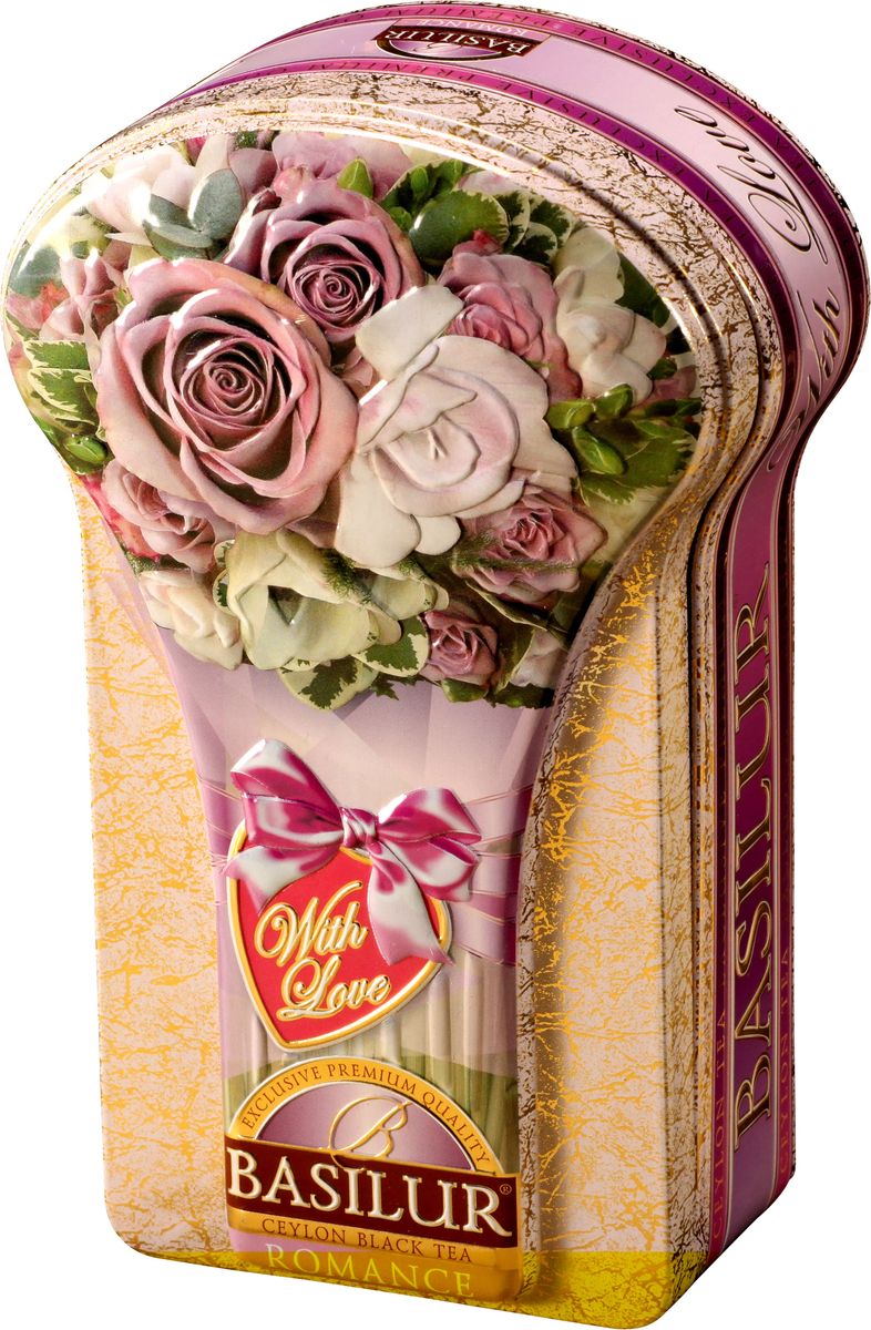 Basilur Romance черный листовой чай, 100 г (жестяная банка)70637-00 Basilur Romance черный листовой чай, 100 г (жестяная банка)70637-00Чёрный цейлонский байховый листовой чай Basilur Romance с лепестками цветов апельсина, розы и амаранта и ароматами розы и бергамота понравится всем любителям чая. Необычная шкатулка в виде букета роз послужит прекрасным подарком на любое торжество, или просто найдет достойное место дома, украсив вашу кухню.