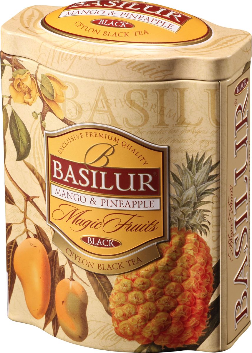 Basilur Mango and pineapple черный листовой чай, 100 г (жестяная банка)70534-00 Basilur Mango and pineapple черный листовой чай, 100 г (жестяная банка)70534-00Чёрный цейлонский байховый листовой чай Basilur Mango and pineapple с кусочками ананаса и манго, цедрой апельсина, лепестками васильков и ароматами манго, ананаса и маракуйи придаст яркую фруктовую нотку вашему дню. Экзотические ароматы сладкого манго и сочного ананаса в сочетании с лучшим листовым цейлонским чёрным чаем, создают ощущение бесконечного путешествия по тропическому раю. Чай Basilur Mango and pineapple насыщен ароматами солнечных тропиков.