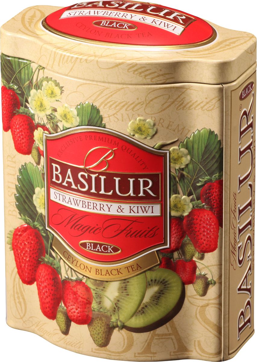 Basilur Strawberry and Kiwi черный листовой чай, 100 г (жестяная банка)70229-02 Basilur Strawberry and Kiwi черный листовой чай, 100 г (жестяная банка)70229-02Чай чёрный цейлонский байховый листовой Basilur Strawberry and Kiwi с кусочками клубники и китайской дерезы, лепестками василька и ароматом киви. Клубника и киви - богатый вкус элитного чёрного цейлонского чая, дополненный ярким ароматом спелой клубники и сочных плодов киви, снимает усталость, освежает и поднимает настроение.